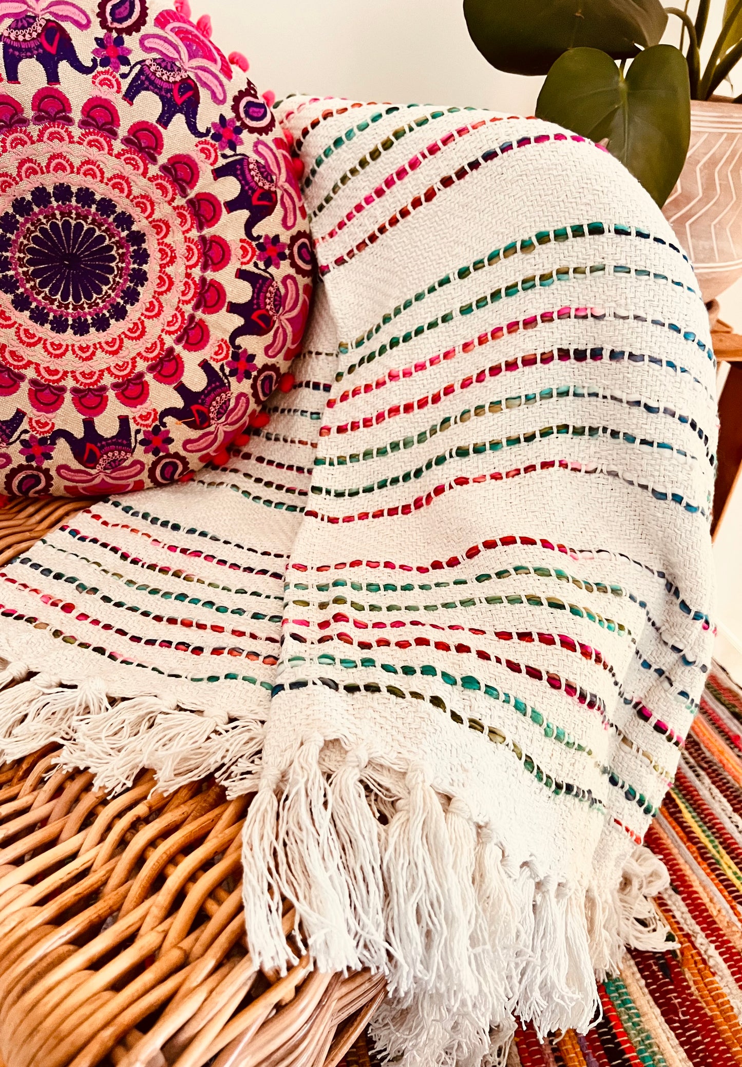 large soft fair trade handmade throw blanket fair trade ethical cotton chair sofa tassel throw white and rainbow 