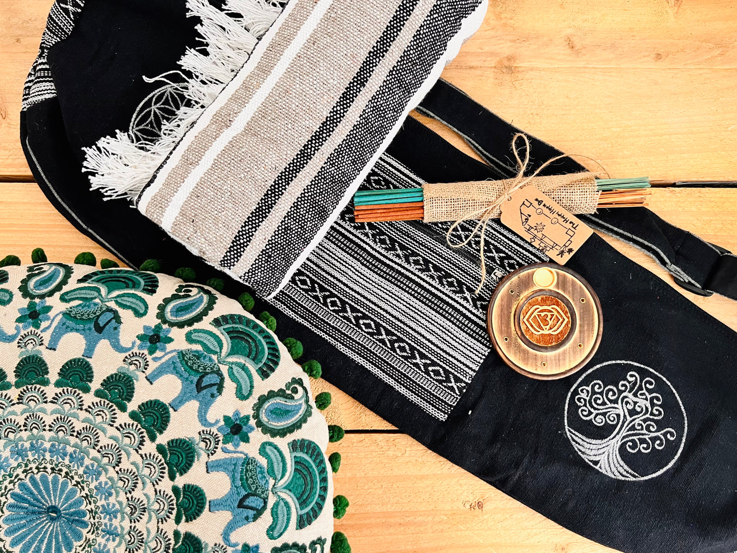 Handmade black tree of life yoga mat bag and teal meditation set with cushion, cotton throw, incense and holder – eco-friendly yoga gift set for mindfulness and relaxation
