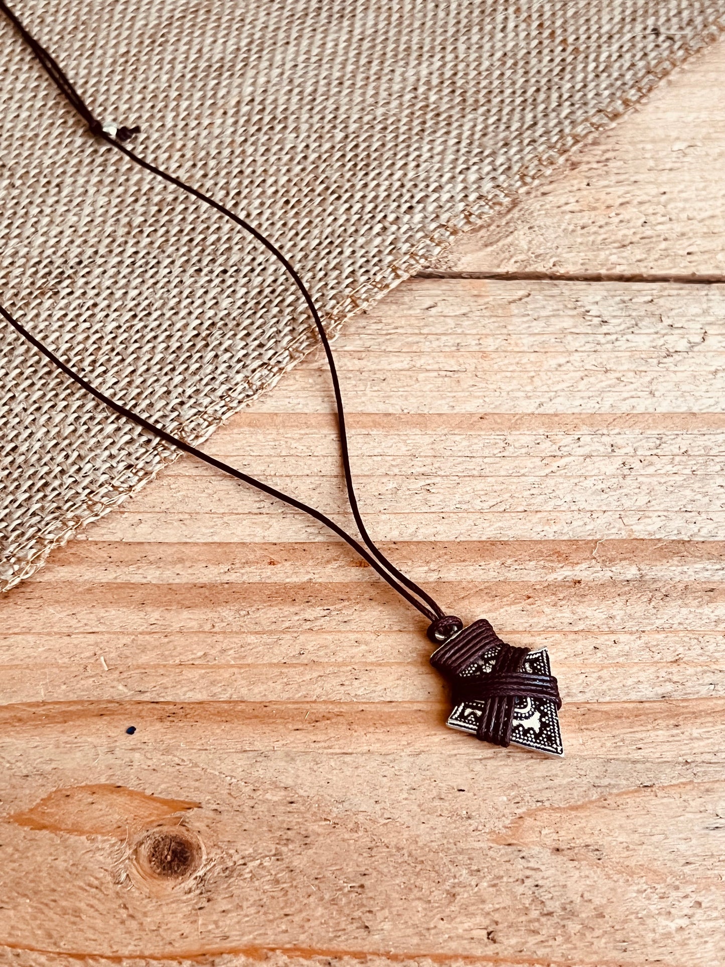 Handmade Fair Trade Hippie Bohemian Surfer Arrow Head Silver Necklace With Brown Cord Men’s Surfer Necklace 