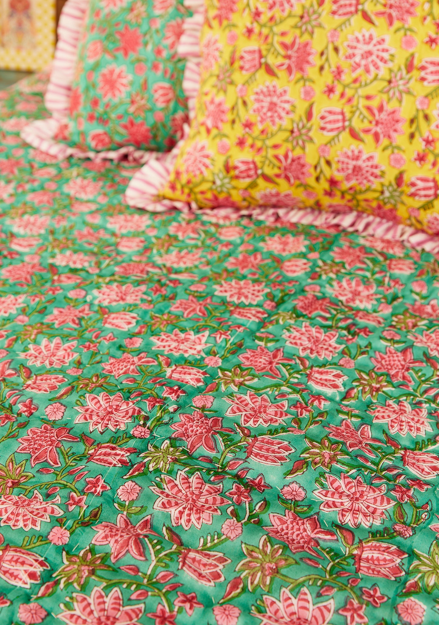 Handmade Fair Trade Ethically Sourced Bohemian Hippie Green Revers-able Bedspread  Green Pink Yellow Throw Blanket Qulit 