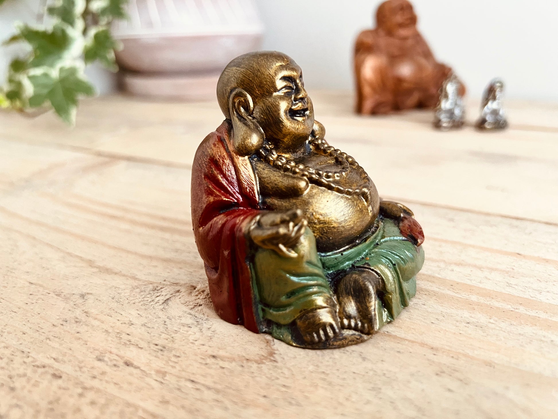 Handmade Fair Trade Laughing Gold Green Red Buddha Ornament Statue Small Bohemian Hippie Decor 