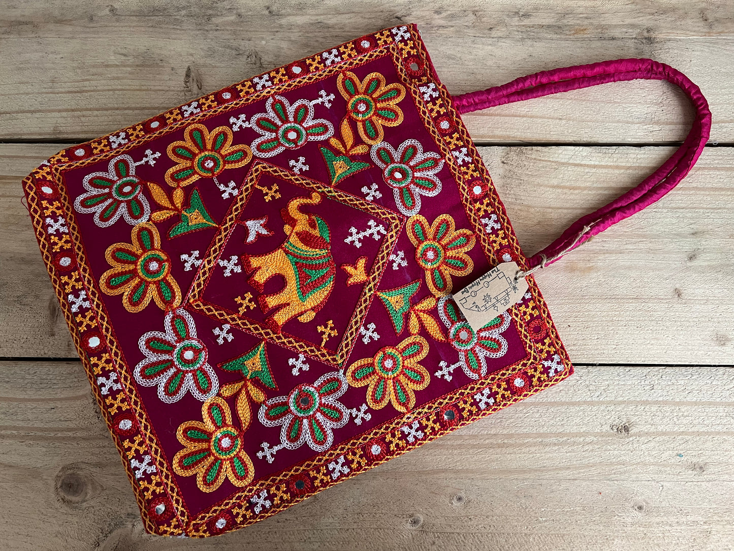 Handmade Fair Trade Ethically Sourced Hand Embroidered Bohemian Elephant Shoulder Bag  Pink