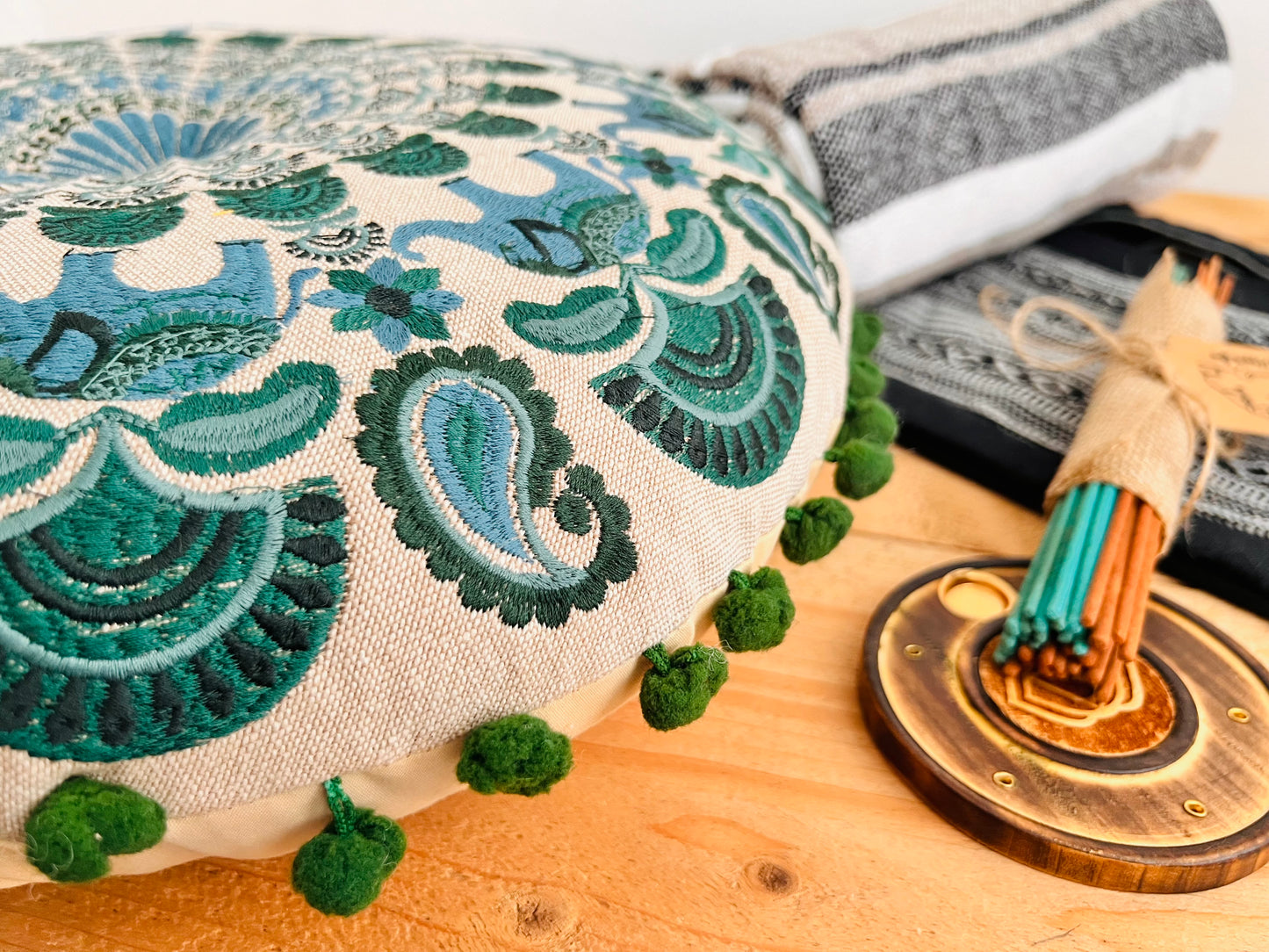 Handmade black and teal meditation set with cushion, cotton throw, incense and holder – eco-friendly yoga gift set for mindfulness and relaxation