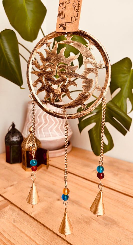 Sun moon & star boho hippie gold wind chime round three bells hanging indoor outdoor wind chime bells handmade fair trade ethical bohemian home garden decor bells