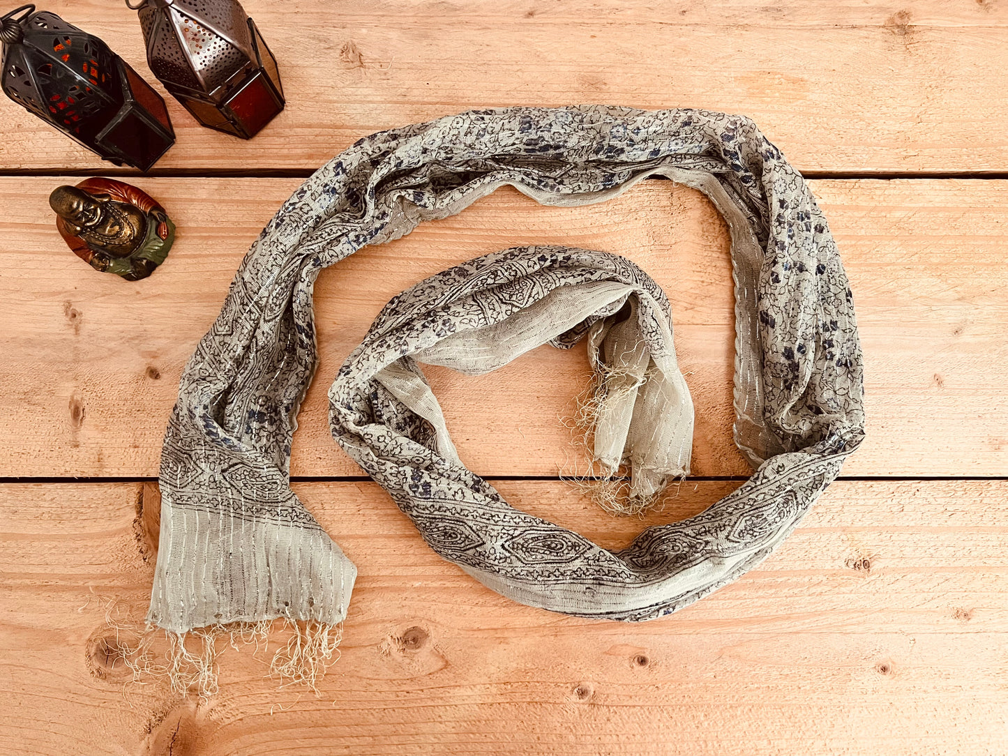 Pebble gray Colourful Handmade lightweight boho ethnic print scarf with silver lurex thread, soft lightweight shawl scarves with tassel edge, boho hippie chic accessories 
