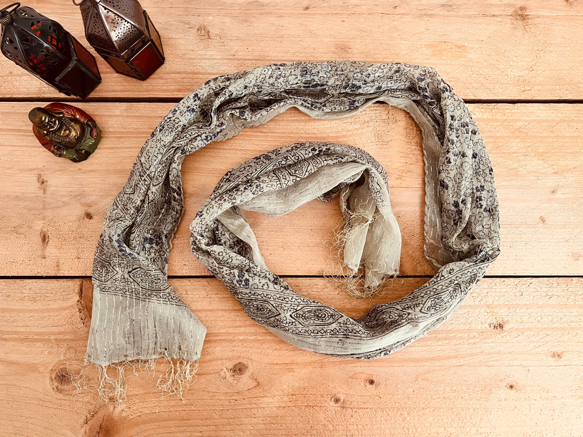 Pebble gray Colourful Handmade lightweight boho ethnic print scarf with silver lurex thread, soft lightweight shawl scarves with tassel edge, boho hippie chic accessories 
