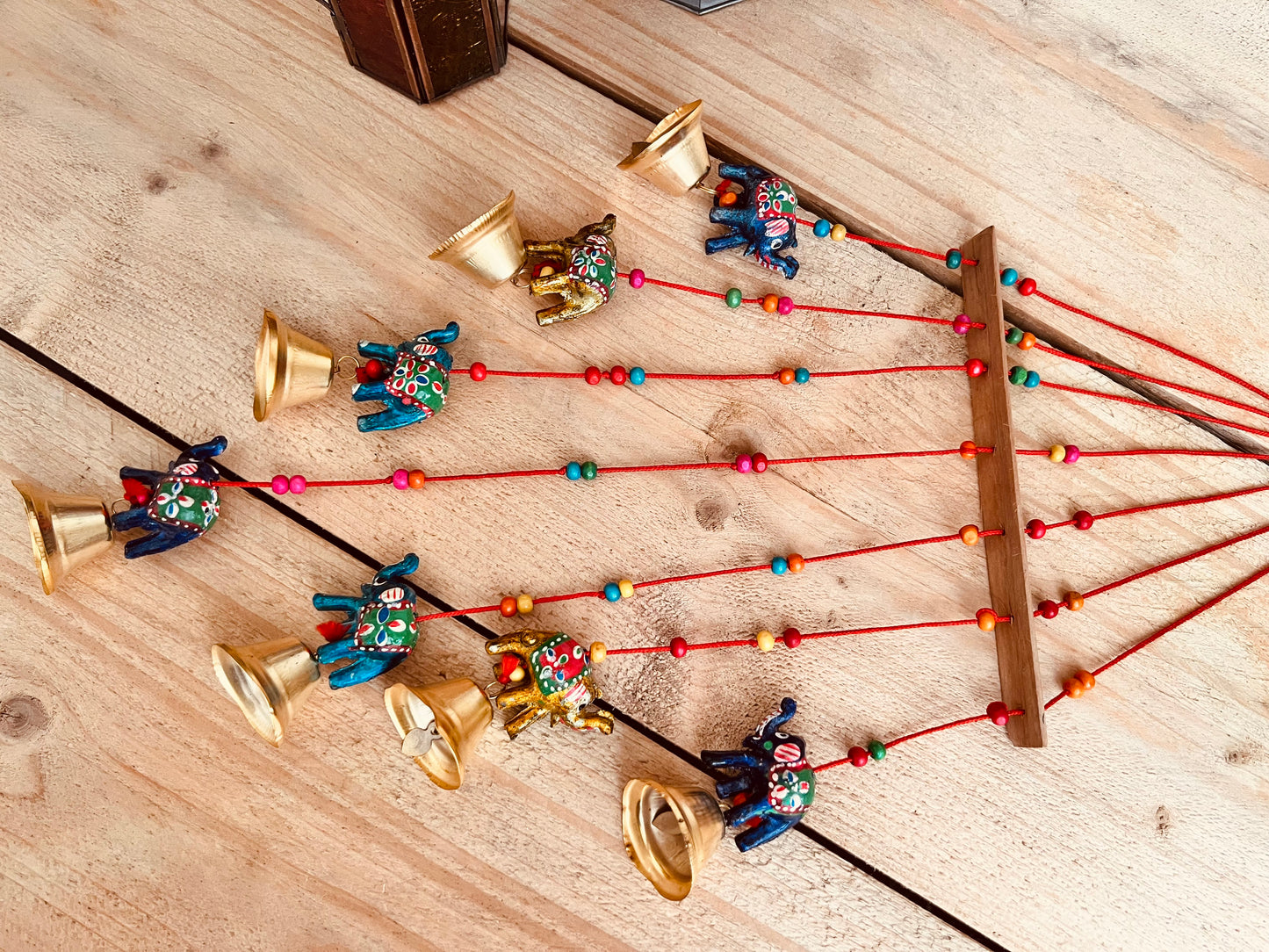 Handmade fair trade ethically sourced Indian elephant wind chime hanging mobile bells multicoloured bell decoration boho hippie home decor 