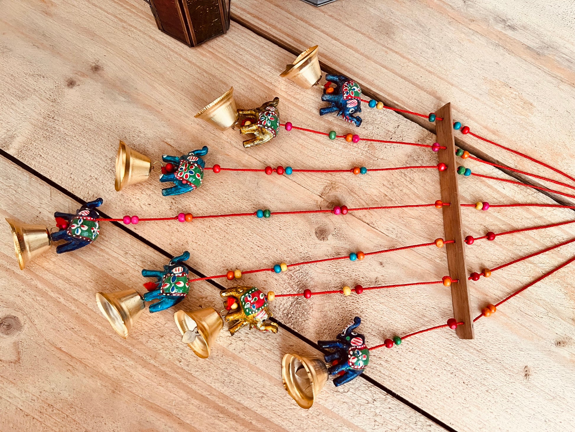 Handmade fair trade ethically sourced Indian elephant wind chime hanging mobile bells multicoloured bell decoration boho hippie home decor 