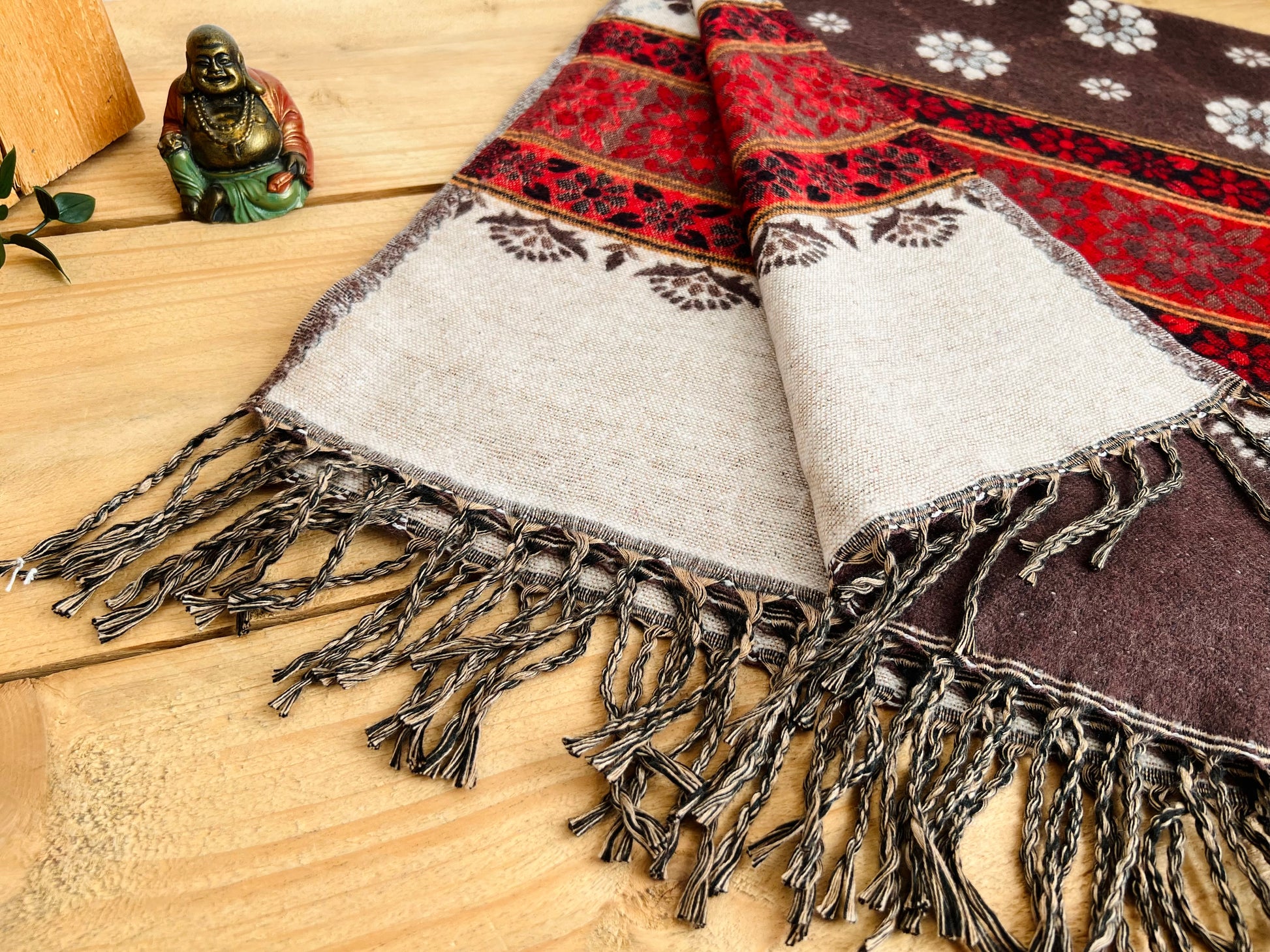 Fair trade recycled cotton bohemian throw blanket with red floral ethnic pattern