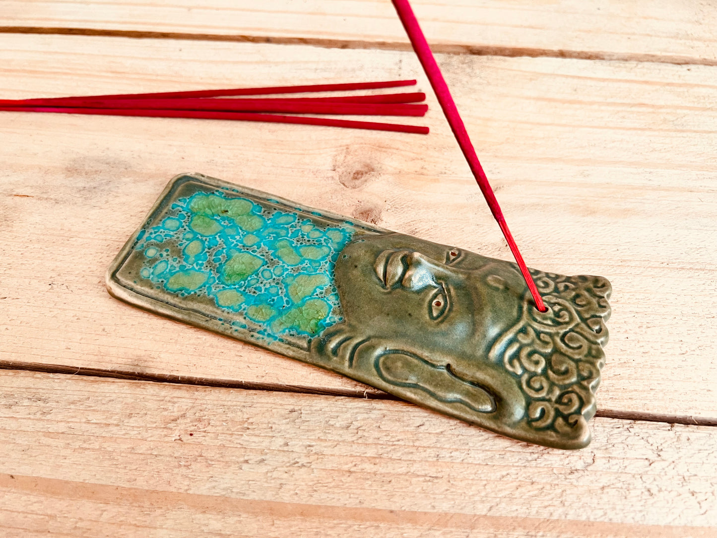 Handmade Fair Trade Ceramic Buddha Incense Holder Green Gold