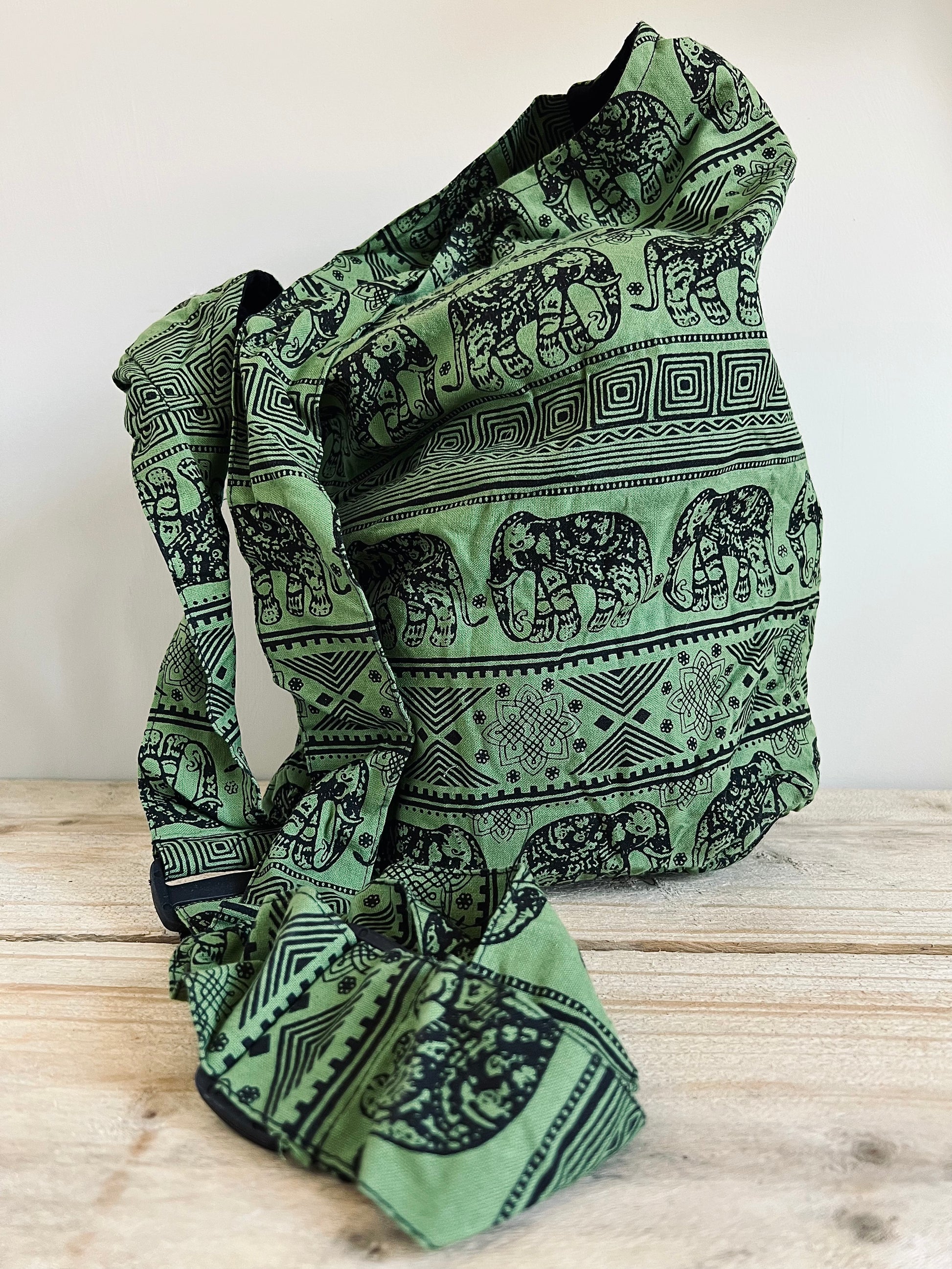 Handmade Fair Trade Elephant Print Shoulder Bag Hippie Bohemian Bag Cross Body Bag Adjustable Strap Olive Green