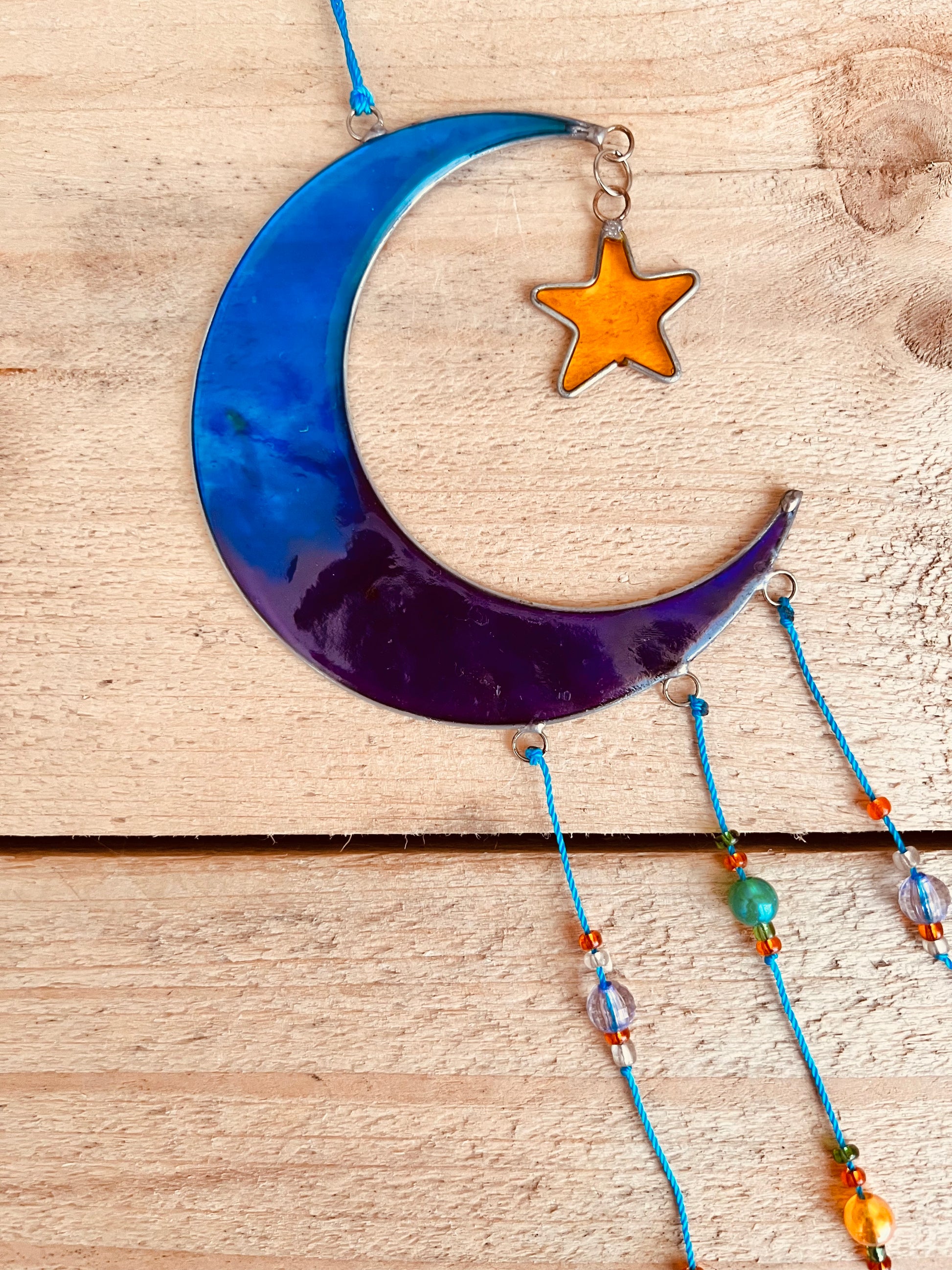 Crescent Moon and star blue sun catcher suncatcher hanging window decoration stained glass colourful hanging decoration handmade fair trade and ethically sourced