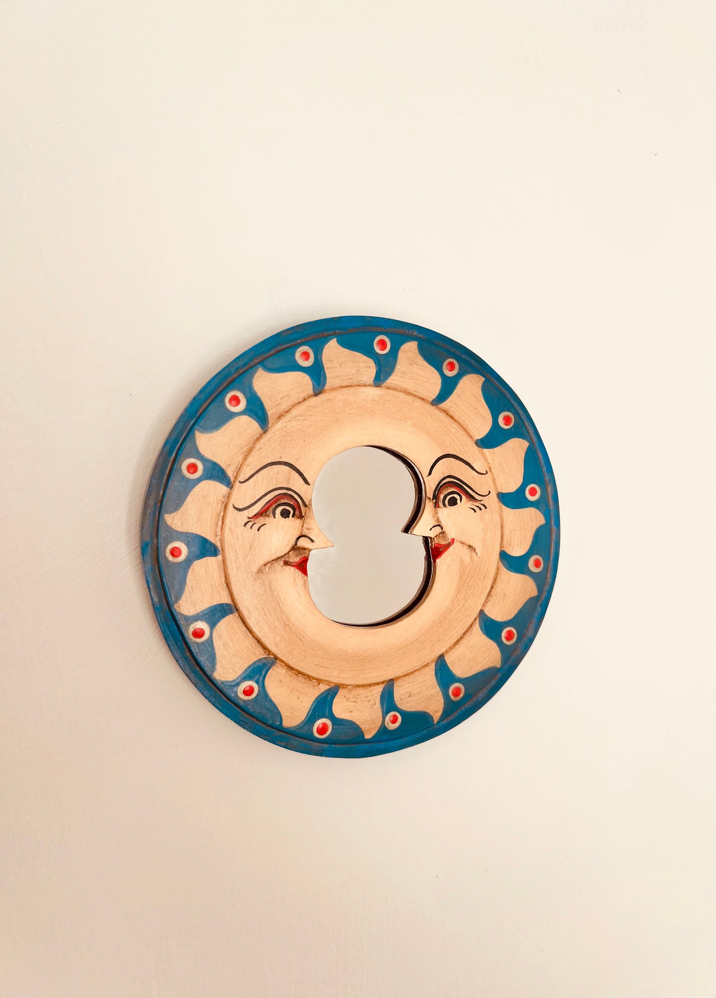 celestial moon mini wooden hanging wall mirror, handmade, fair trade blue & gold round mirror, boho hippie mindful home decor