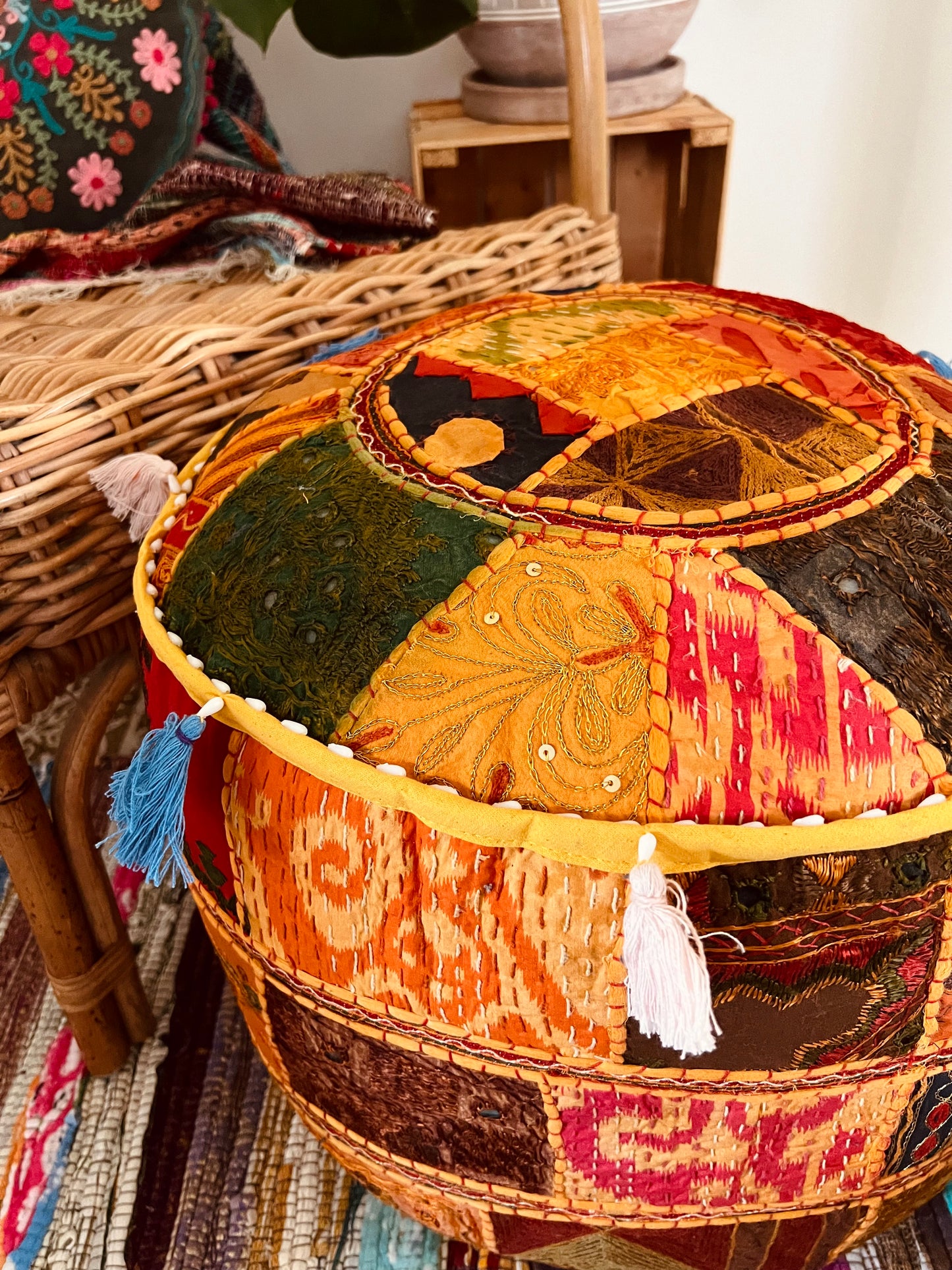 Mustard Yellow, Patchwork Indian Bohemian Pouffe