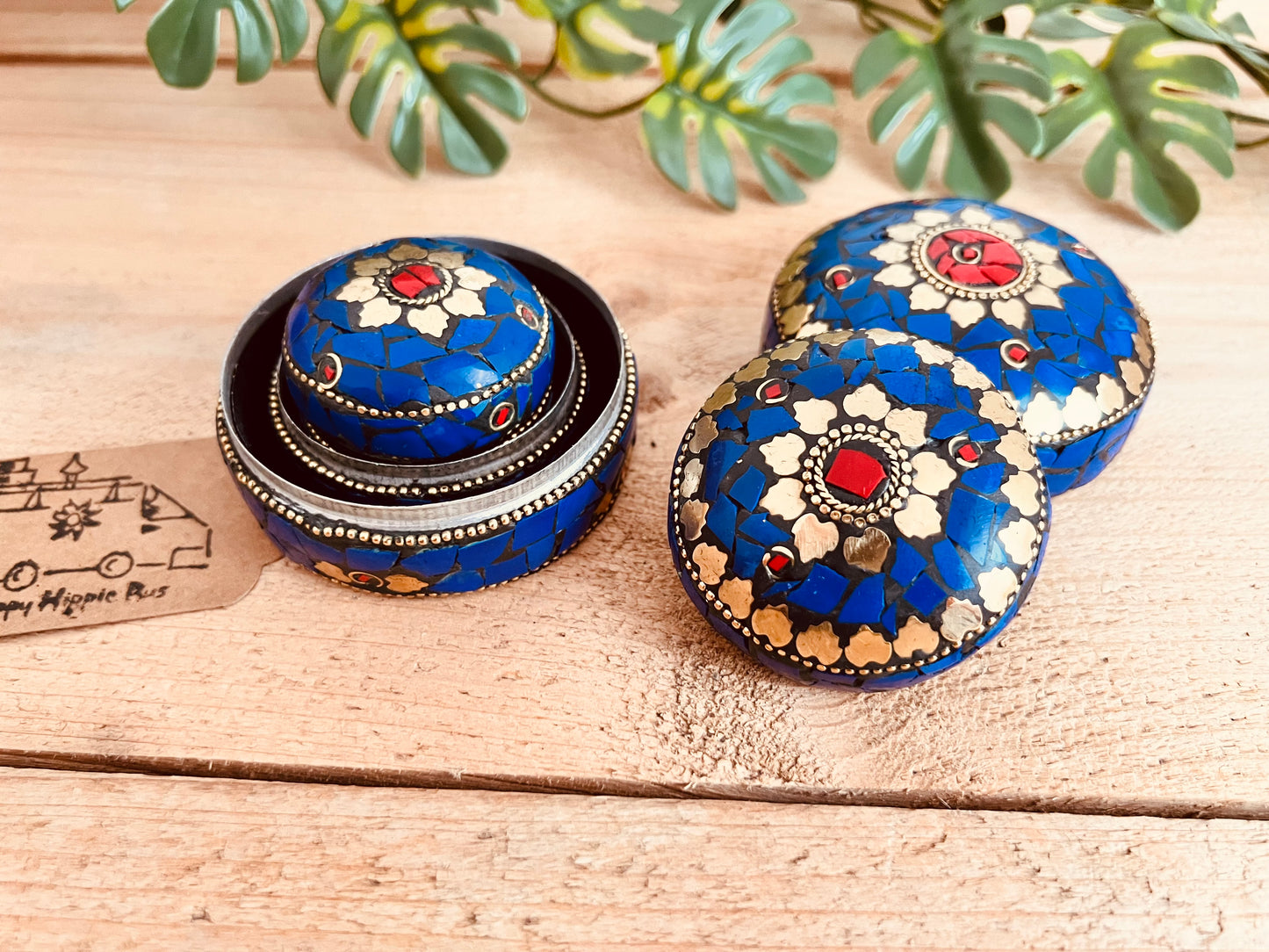 Open blue and gold mosaic trinket box showing metal interior, handmade fair trade box