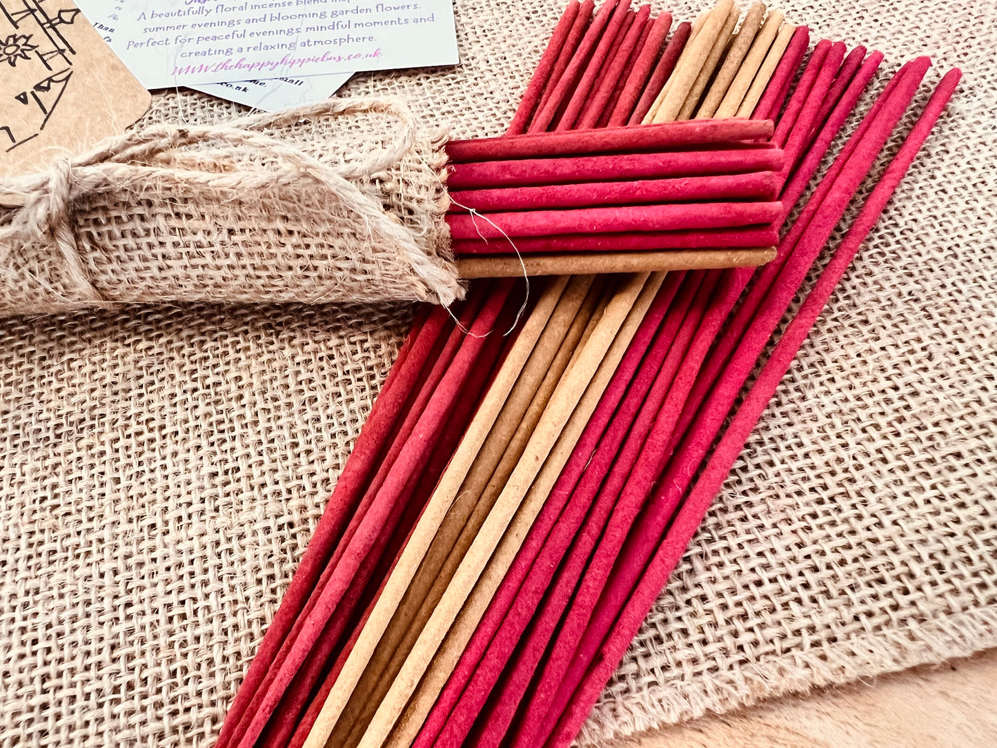 Handmade Fair Trade Ethically Sourced Natural Incense Sticks Boho Joss Sticks Summer Scents Jasmine Honeysuckle Midnight Rose Hand Rolled Non Toxic Plastic Free Hessian Wrapped Gift