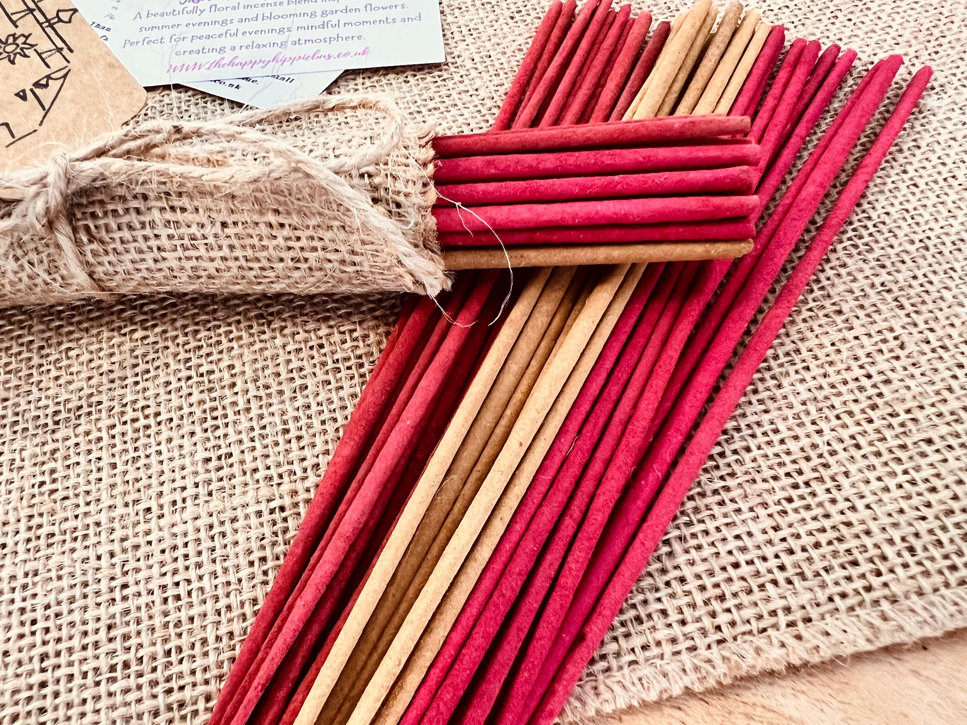 Handmade Fair Trade Ethically Sourced Natural Incense Sticks Boho Joss Sticks Summer Scents Jasmine Honeysuckle Midnight Rose Hand Rolled Non Toxic Plastic Free Hessian Wrapped Gift
