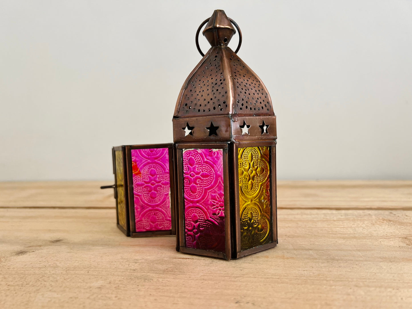 Handmade Fair Trade Pink & Yellow Copper Moroccan Style Lantern Bohemian Hippie T Light Holder Star Pattern 