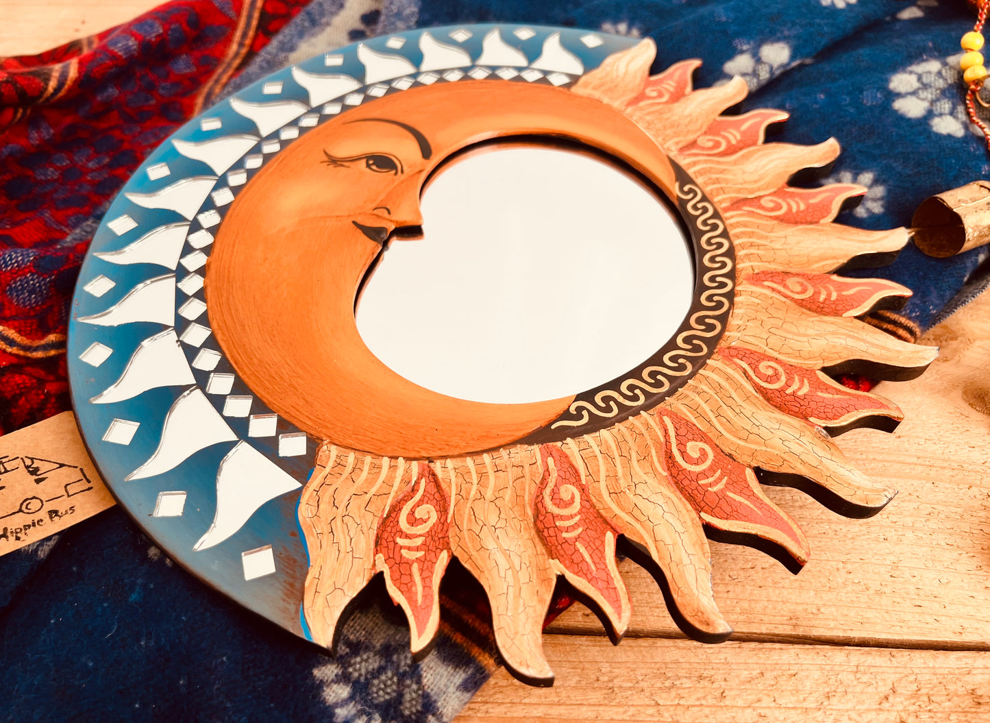 Handmade sun and moon wall mirror with mosaic mirror tile detailing