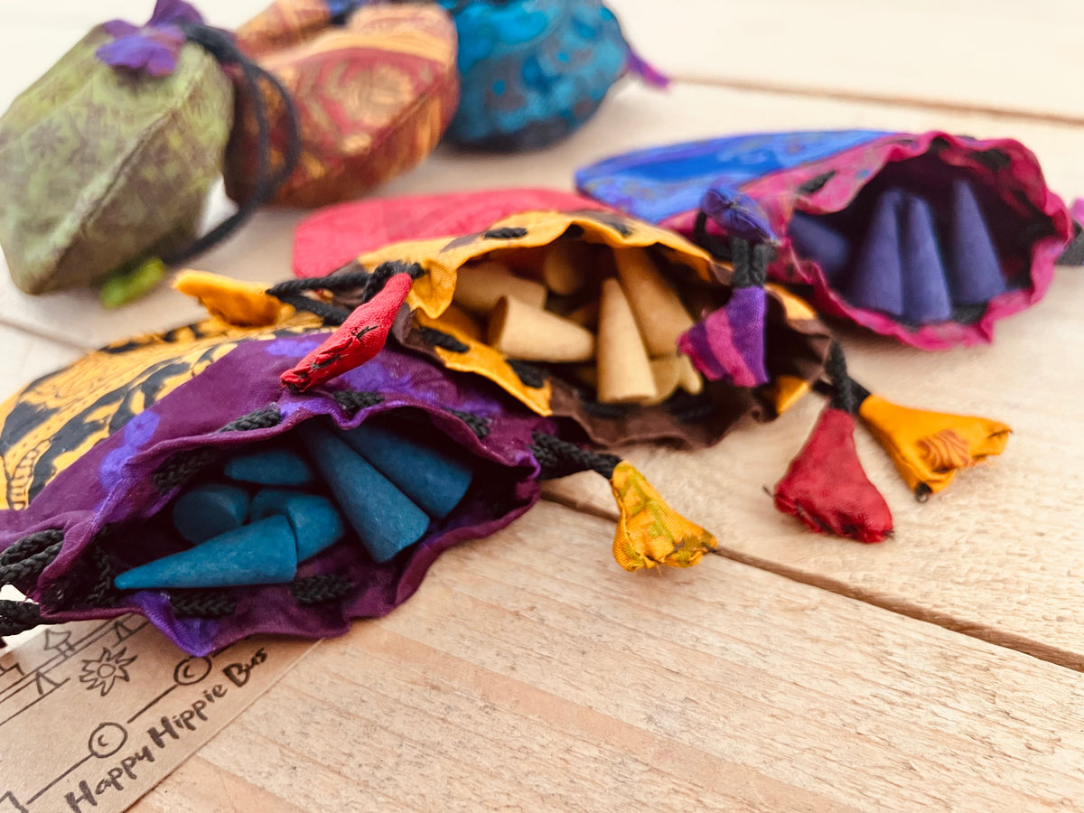 Incense Cones in Recycled Sari Fabric Bag