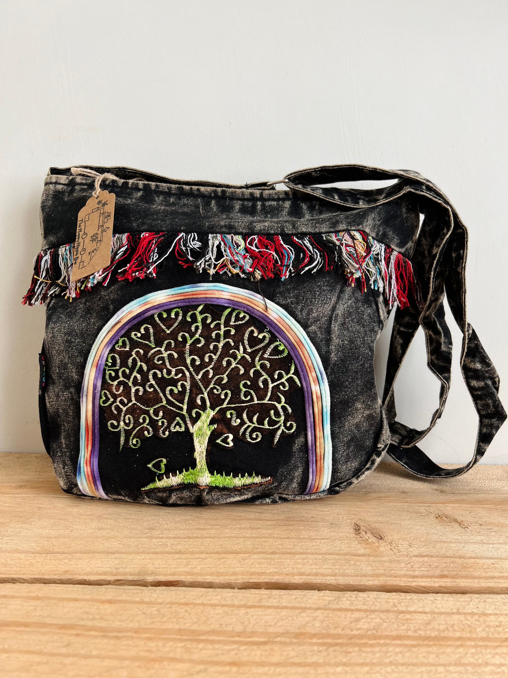 Handmade Fair Trade Stone Washed Hippie Bohemian Tree Of LIfe Shoulder Bag IN Black, Blue, Pink, Purple, Violet & Green