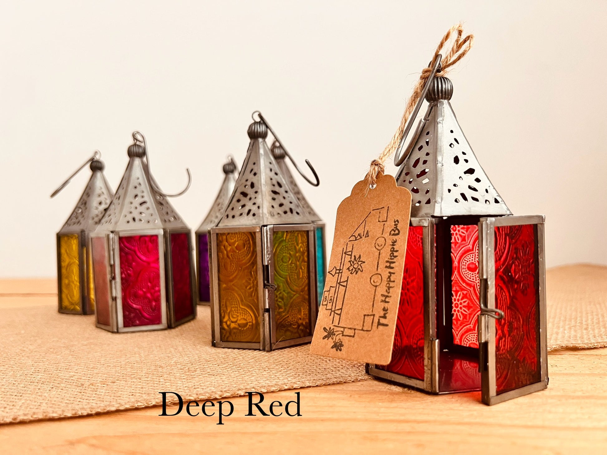 Handmade Fair Trade Ethically Sourced Recycled Metal Glads Lantern Moroccan Style T Light Holder Small Colourful Boho Hippie Decor Orange Purple Green Blue Purple Yellow Pink Red Silver Mini Lantern 