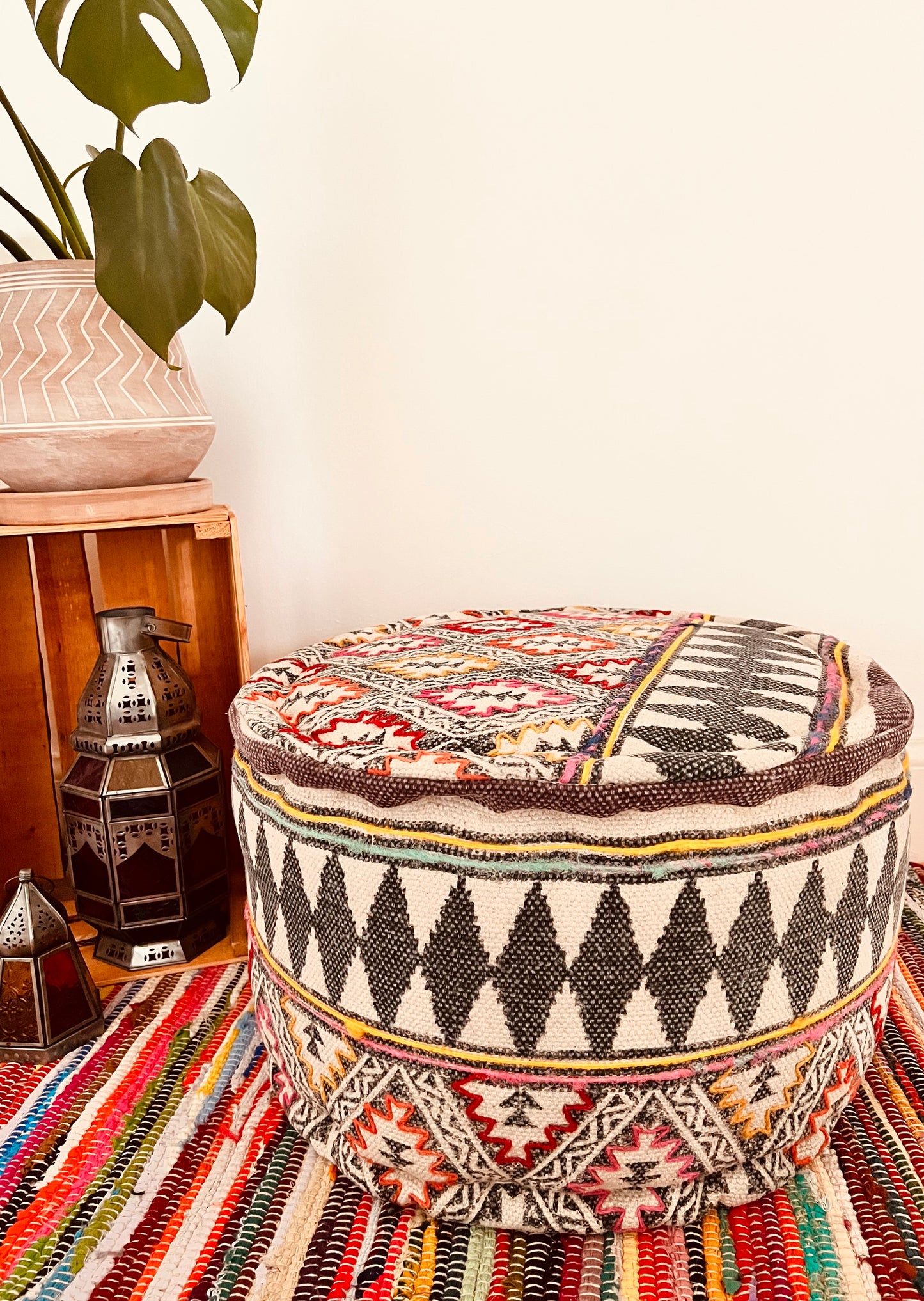 handmade large round footstool pouffe in tribal boho design fair trade ethically sourced