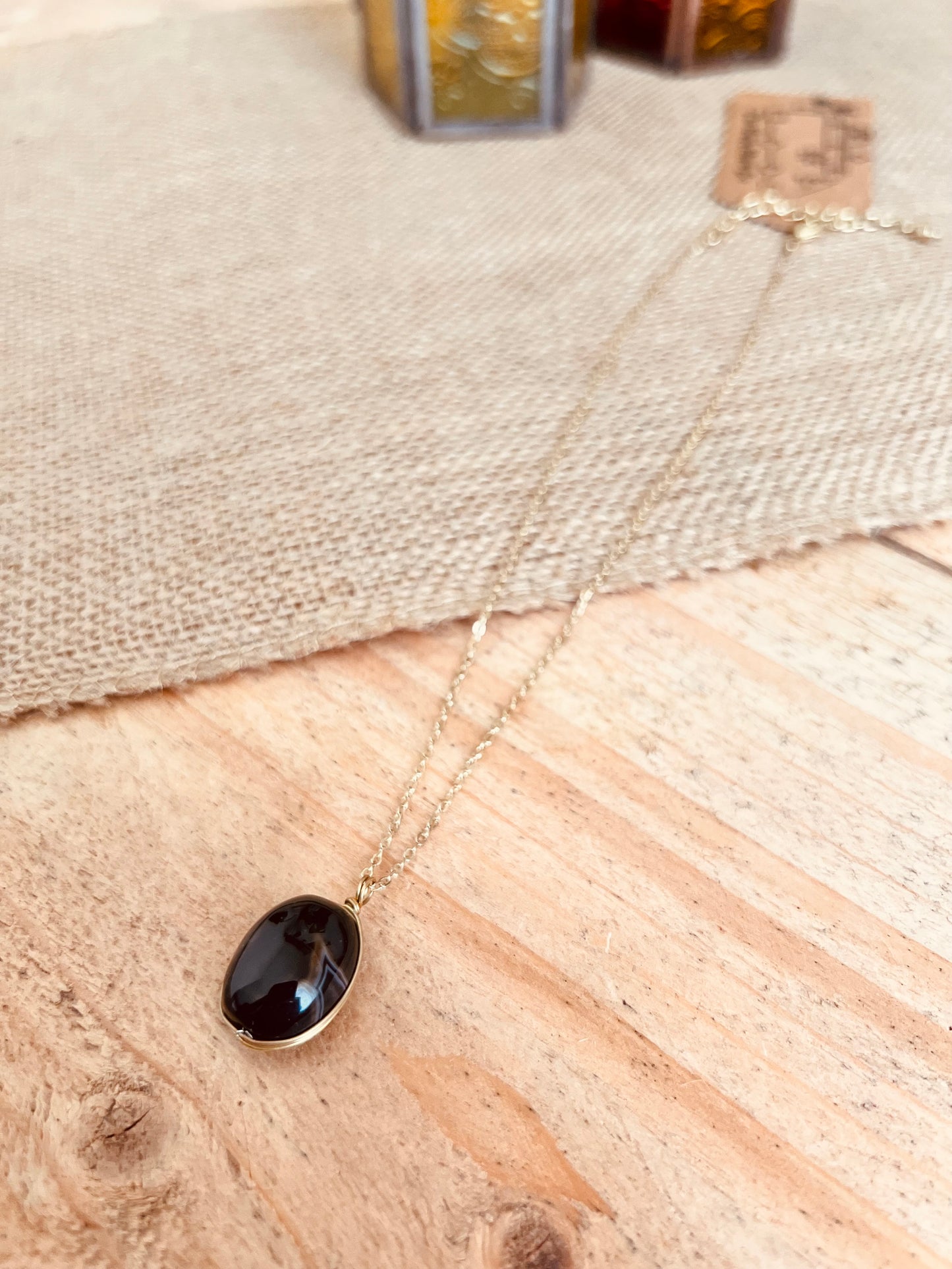 Gem stone pendant necklace handmade fair trade ethical jewellery onyx ethically sourced polished stone necklace