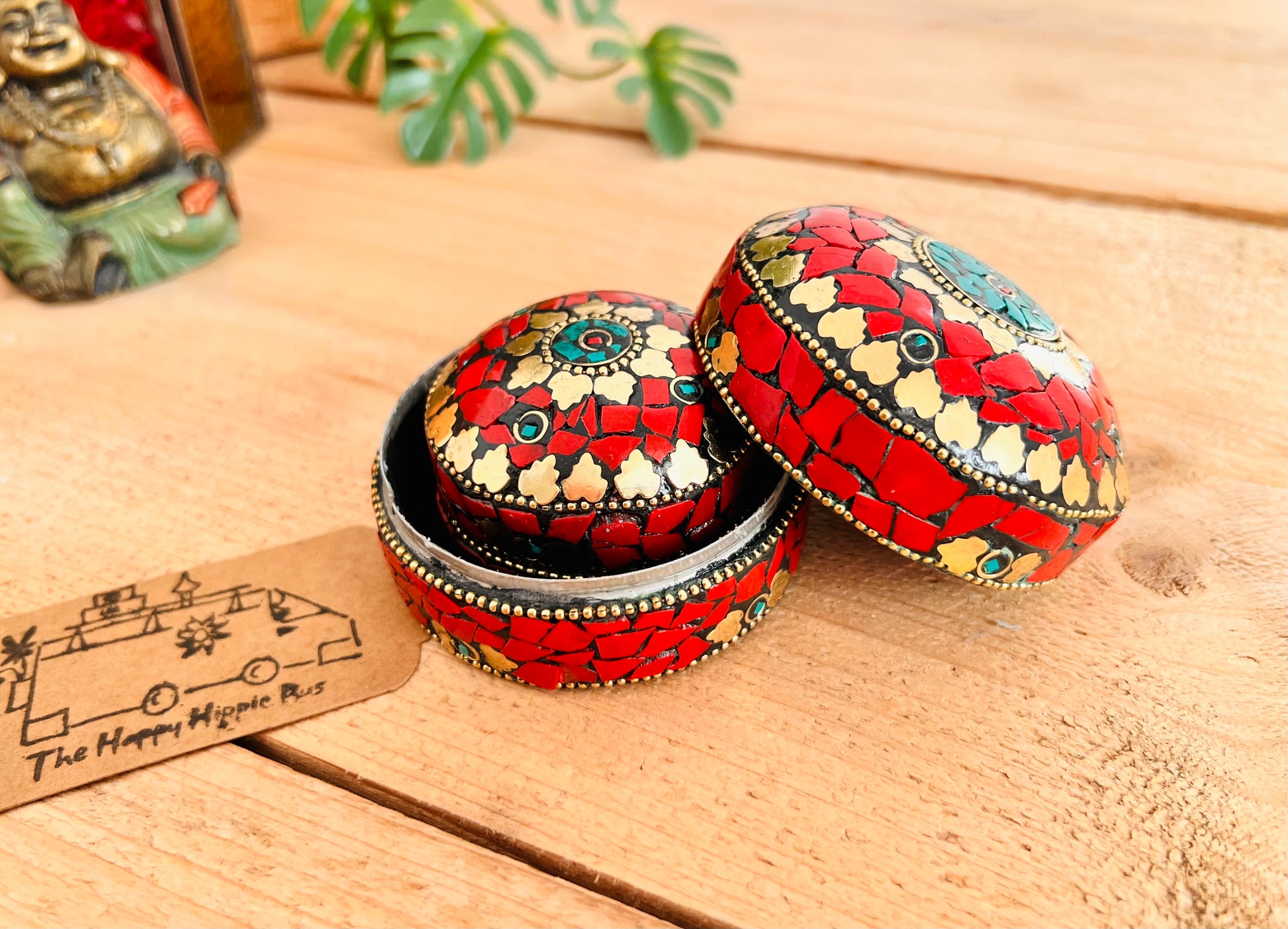 Red & Gold Mosaic Mini Trinket Boxes,  Nesting Metal Boxes, Handmade Fair Trade Round Decorative Small Storage boxes in three sizes