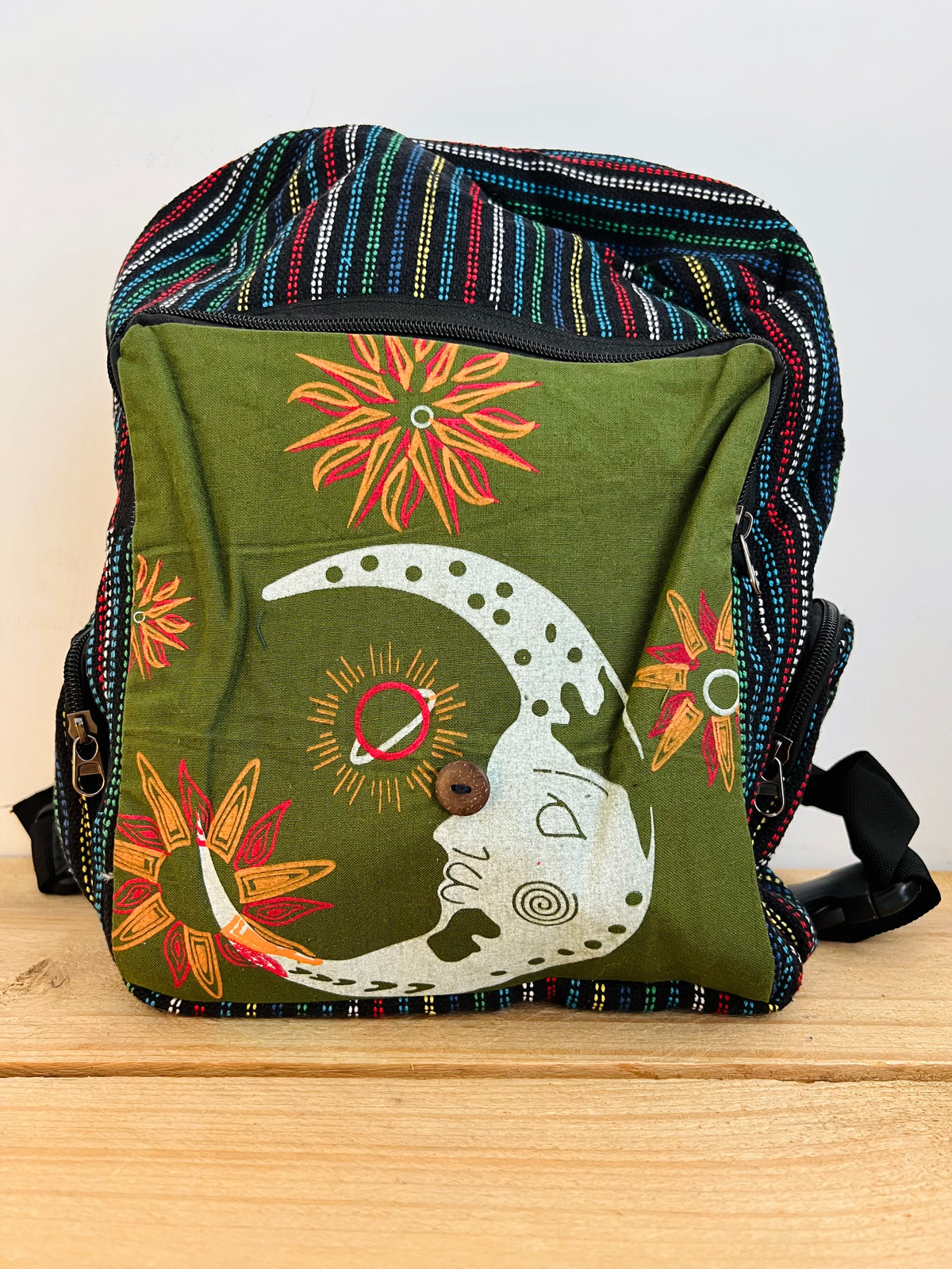 Crescent Moon Hand Printed Backpack Midnight Blue & Earth Green