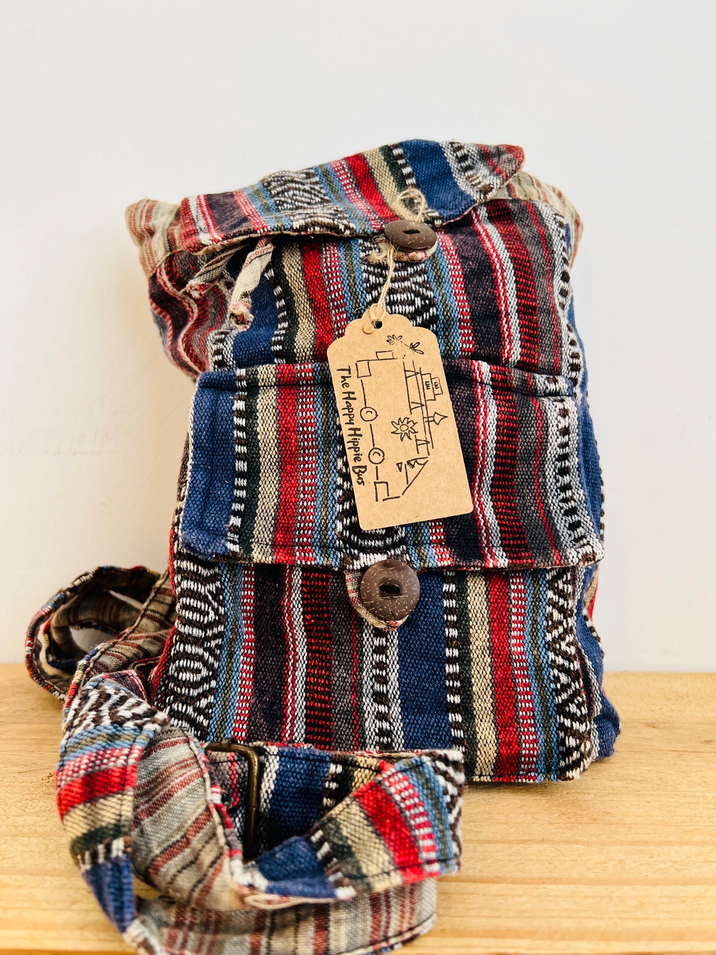 Handmade Fair Trade Recycled Cotton Mini Backpack Hippie Bohemian Style Travel Festival Holiday Blue Red Stripe