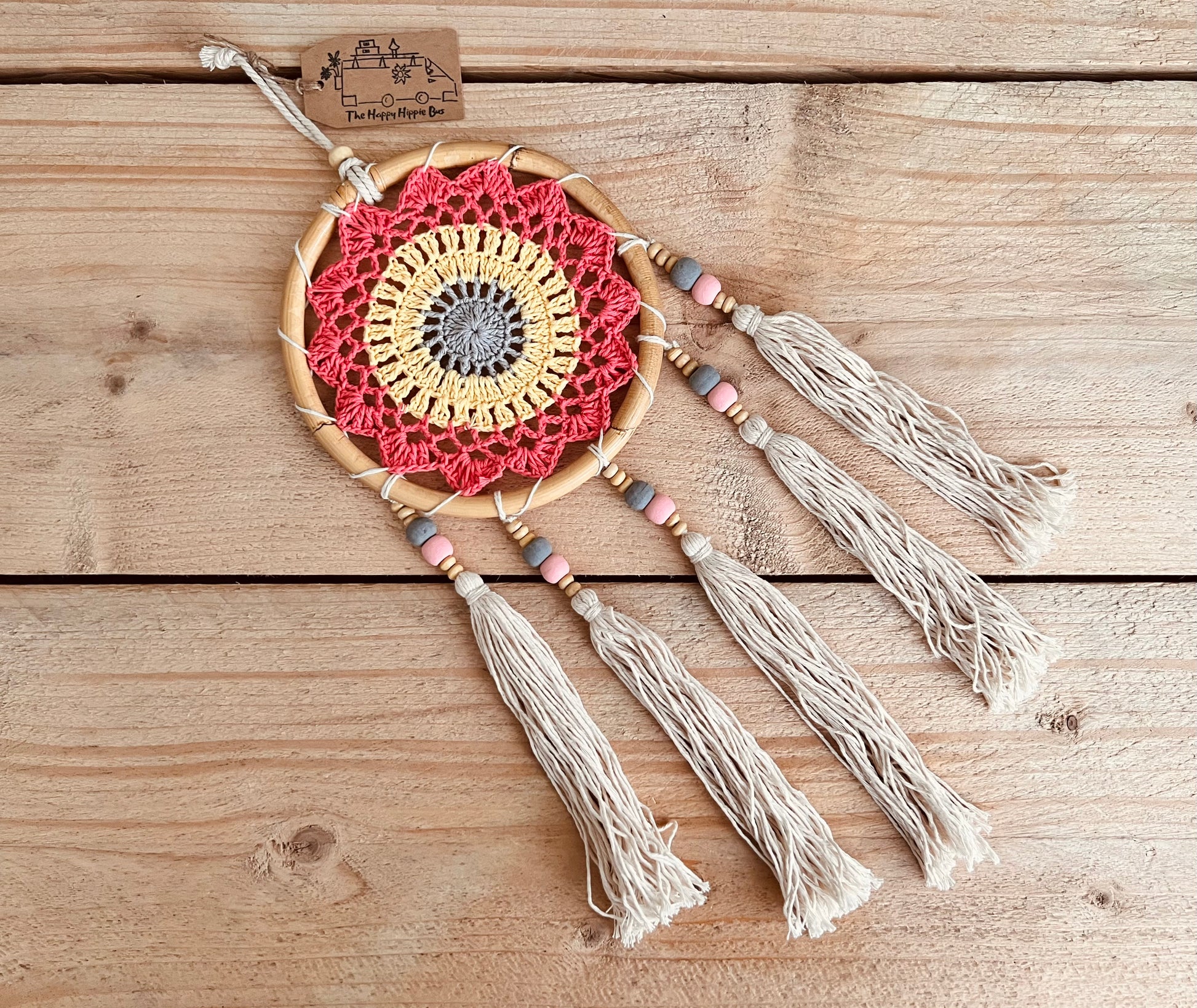 Handmade fair trade ethically sourced vegan crochet tassel bamboo dream catcher