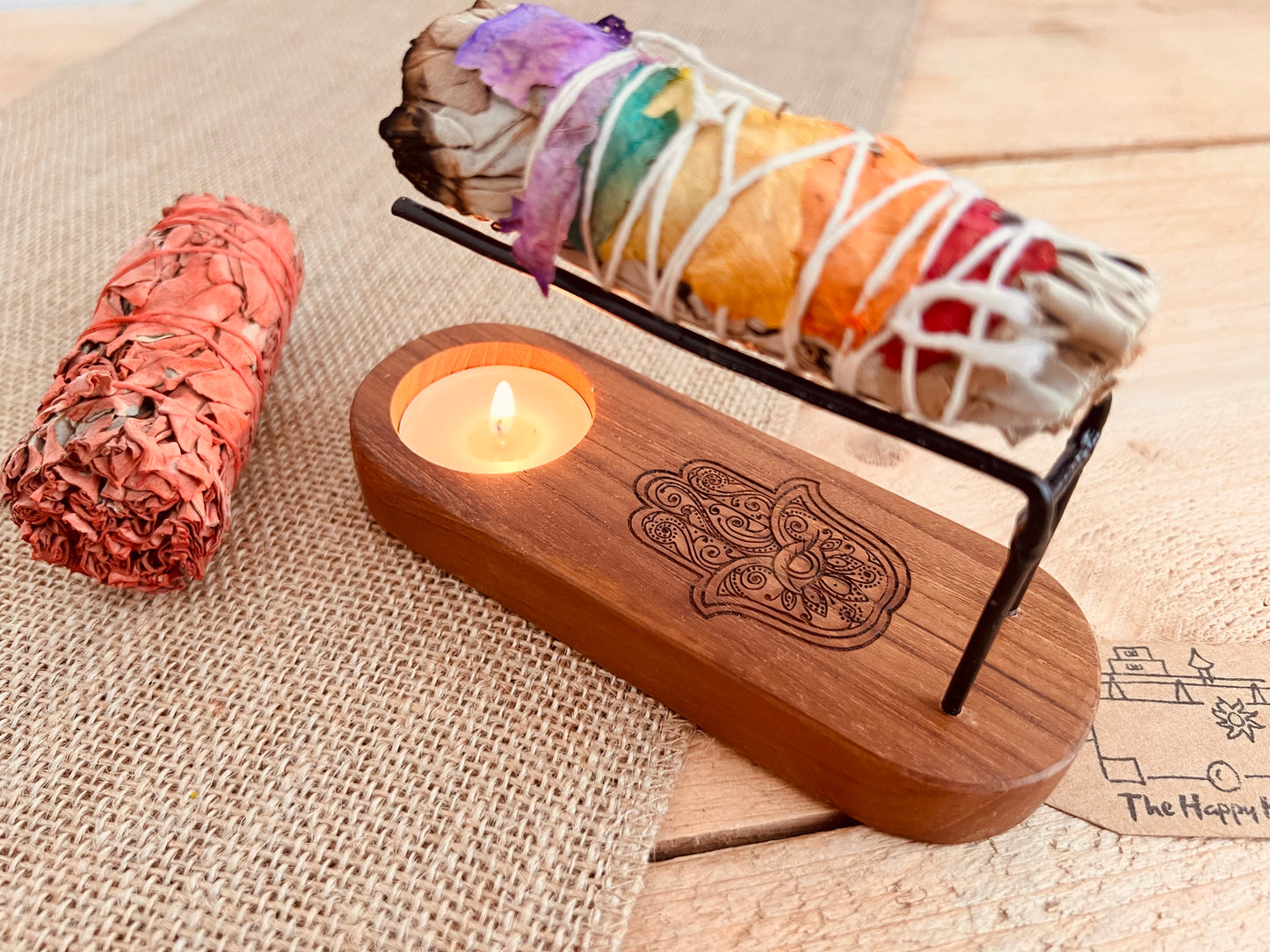 Teak wood Palo Santo smudge stick heater, hamsa hand design wooden incense heater, purifying, cleansing home fragrance 