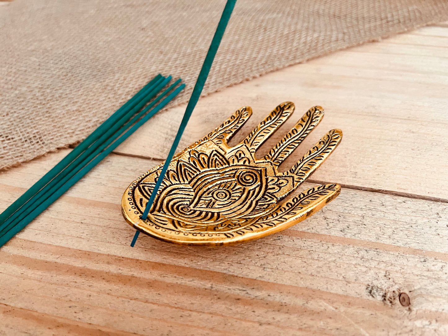 Handmade & Fair Trade Hamsa Hand Incense Holder Gold Ash Catcher Incense Stick Holder