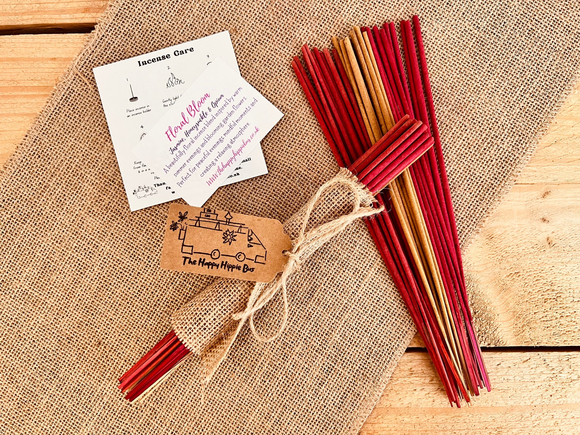 Handmade Fair Trade Ethically Sourced Natural Incense Sticks Boho Joss Sticks Summer Scents Jasmine Honeysuckle Midnight Rose Hand Rolled Non Toxic Plastic Free Hessian Wrapped Gift