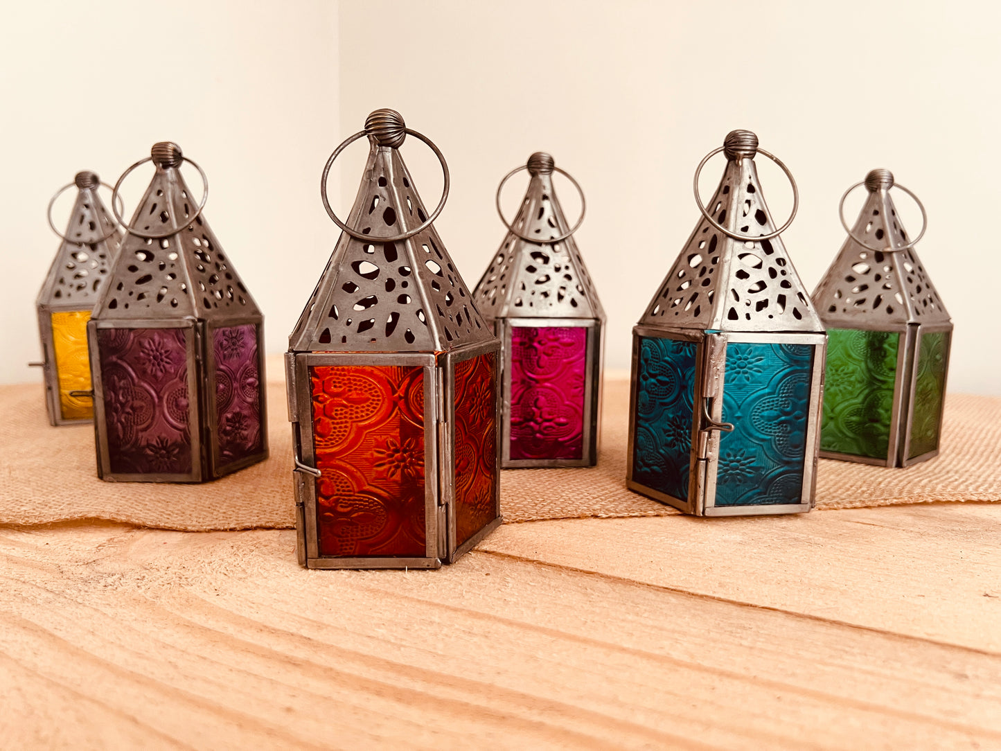 Mini Multicoloured colourful stained glass Moroccan lantern tea light candle holder handmade fair trade small metal glass lantern 