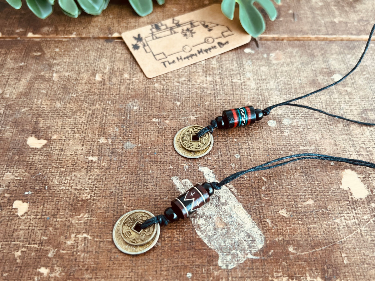 Good Fortune Coin & Tribal Boho Bead Cord Necklace