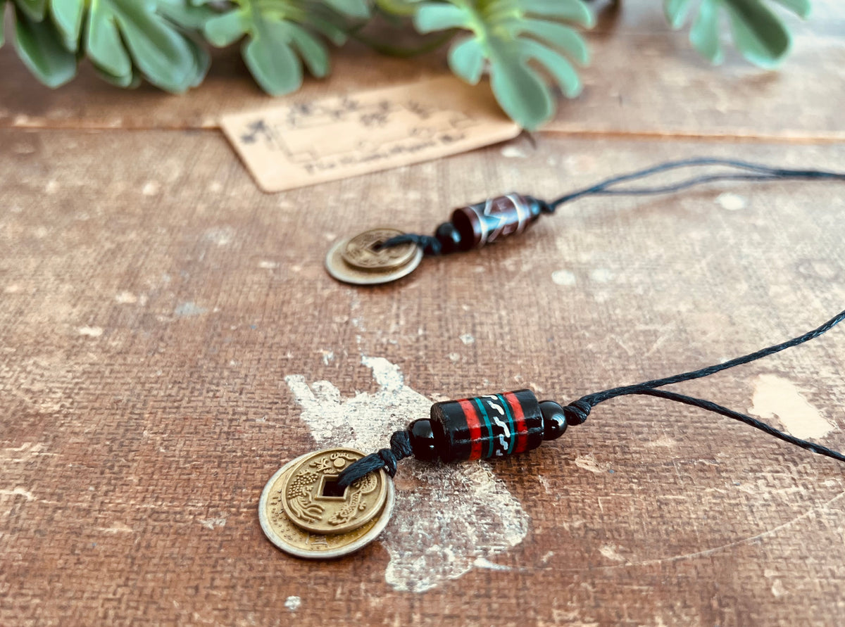 Good Fortune Coin & Tribal Boho Bead Cord Necklace
