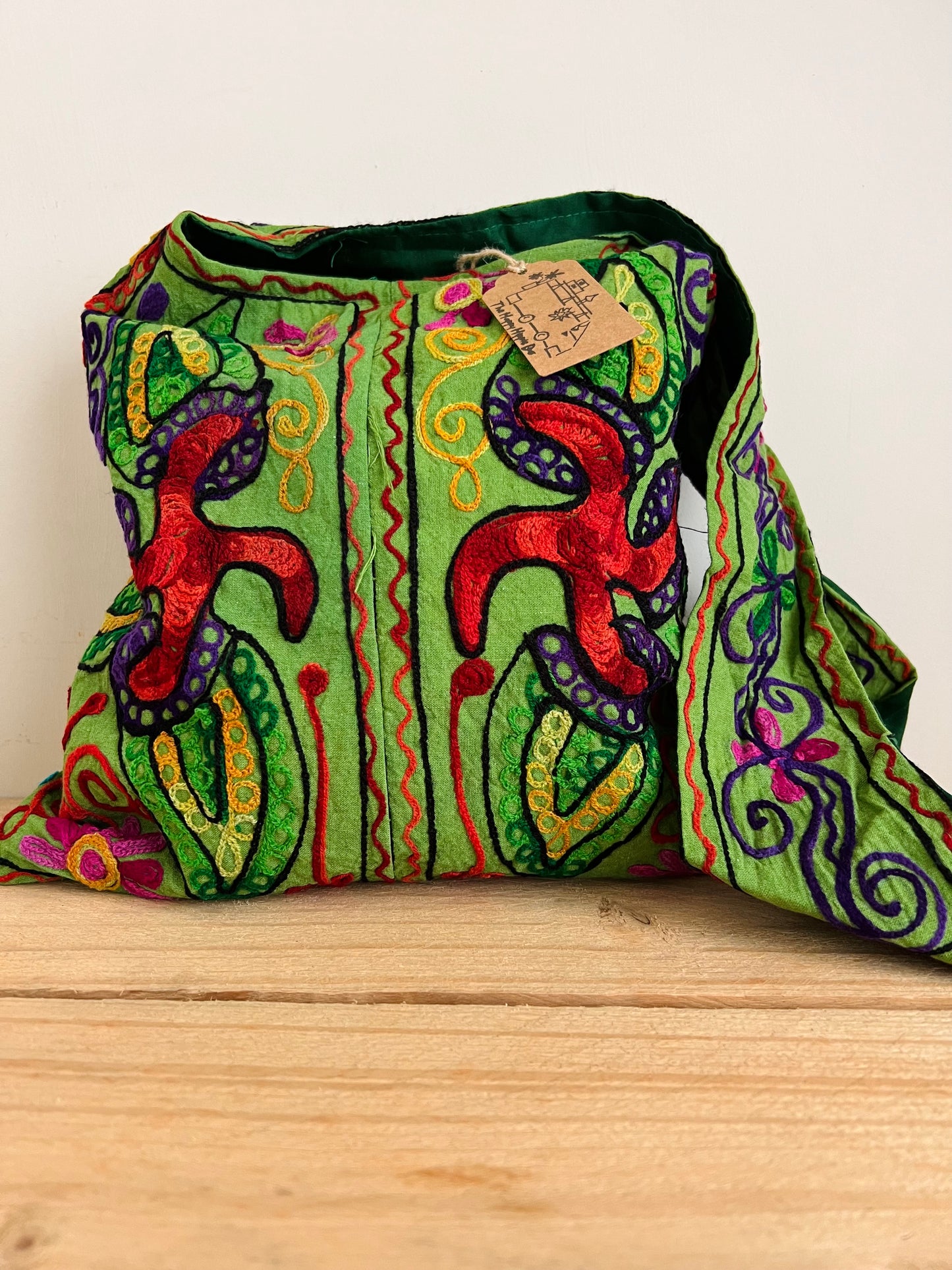 Handmade Fair Trade Hand Embroidered Elephant Hippie Shoulder Bag In Blue & Green Bohemian Festival Beach Bag 