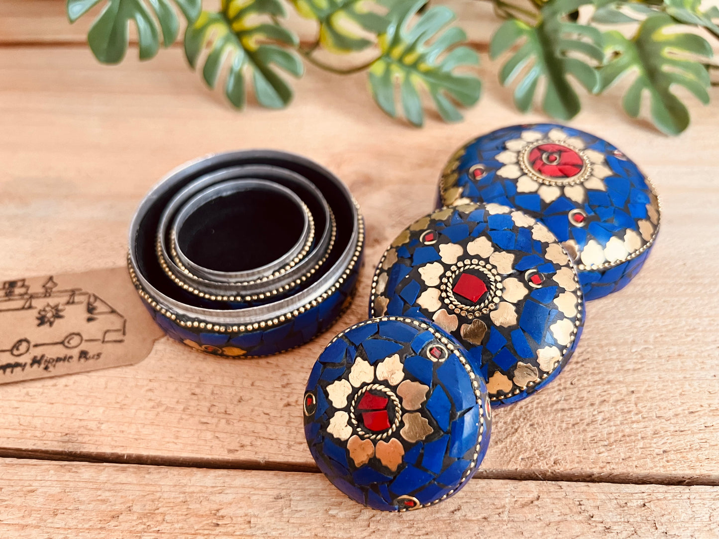 Open blue and gold mosaic trinket box showing metal interior, handmade fair trade box