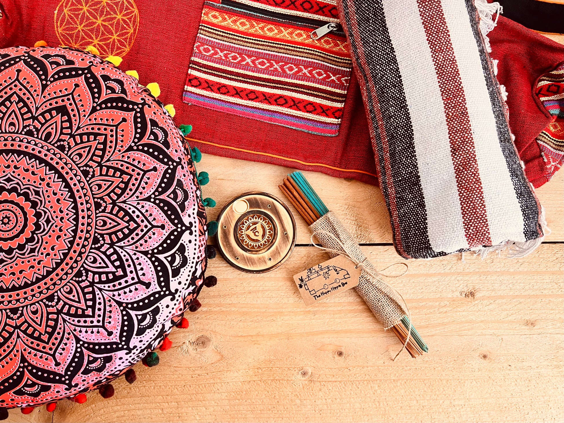 Handmade red meditation set with red mandala print handmade cushion, throw, incense and yoga mat bag and incense holder – eco-friendly yoga gift set for mindfulness and relaxation, self care gift 