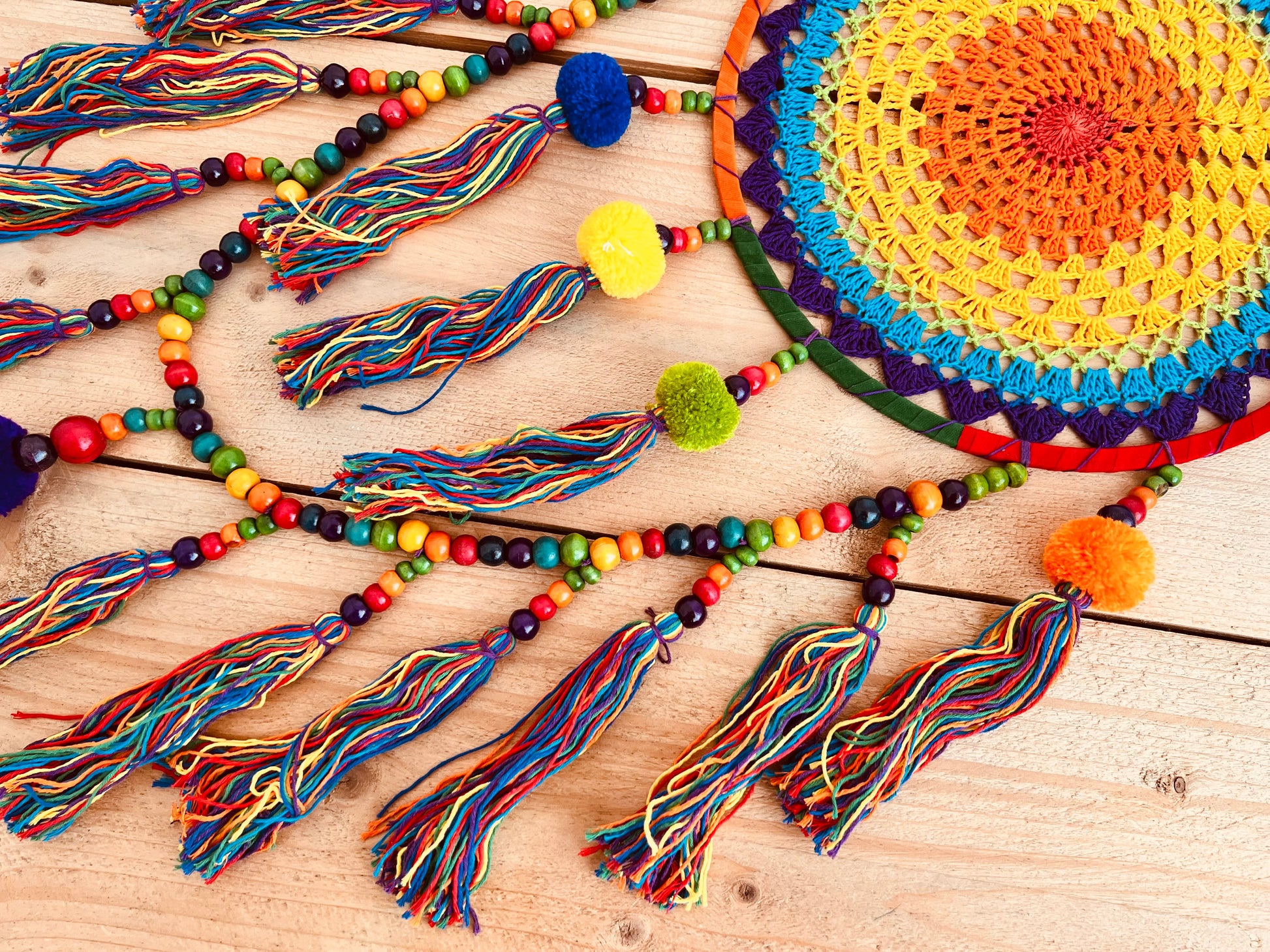 Large rainbow crochet dream catcher colourful pom pom beads dreamcatcher extra large long hanging boho hippie home decor dream catcher colourful vibrant rainbow living room, bedroom decor gift
