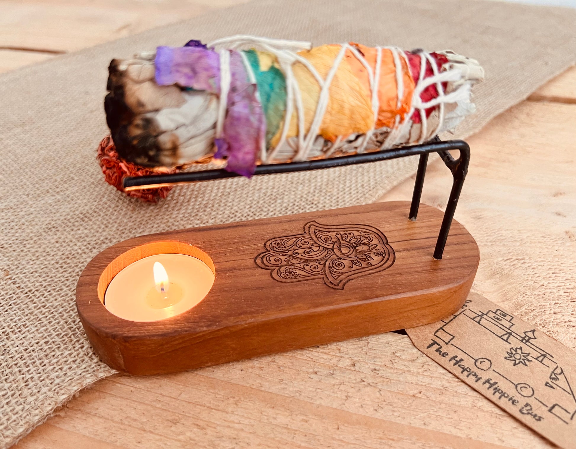 Teak wood Palo Santo smudge stick heater, hamsa hand design wooden incense heater, purifying, cleansing home fragrance 