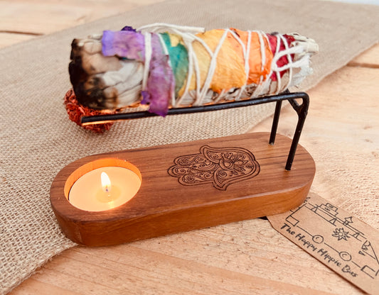 Teak wood Palo Santo smudge stick heater, hamsa hand design wooden incense heater, purifying, cleansing home fragrance 