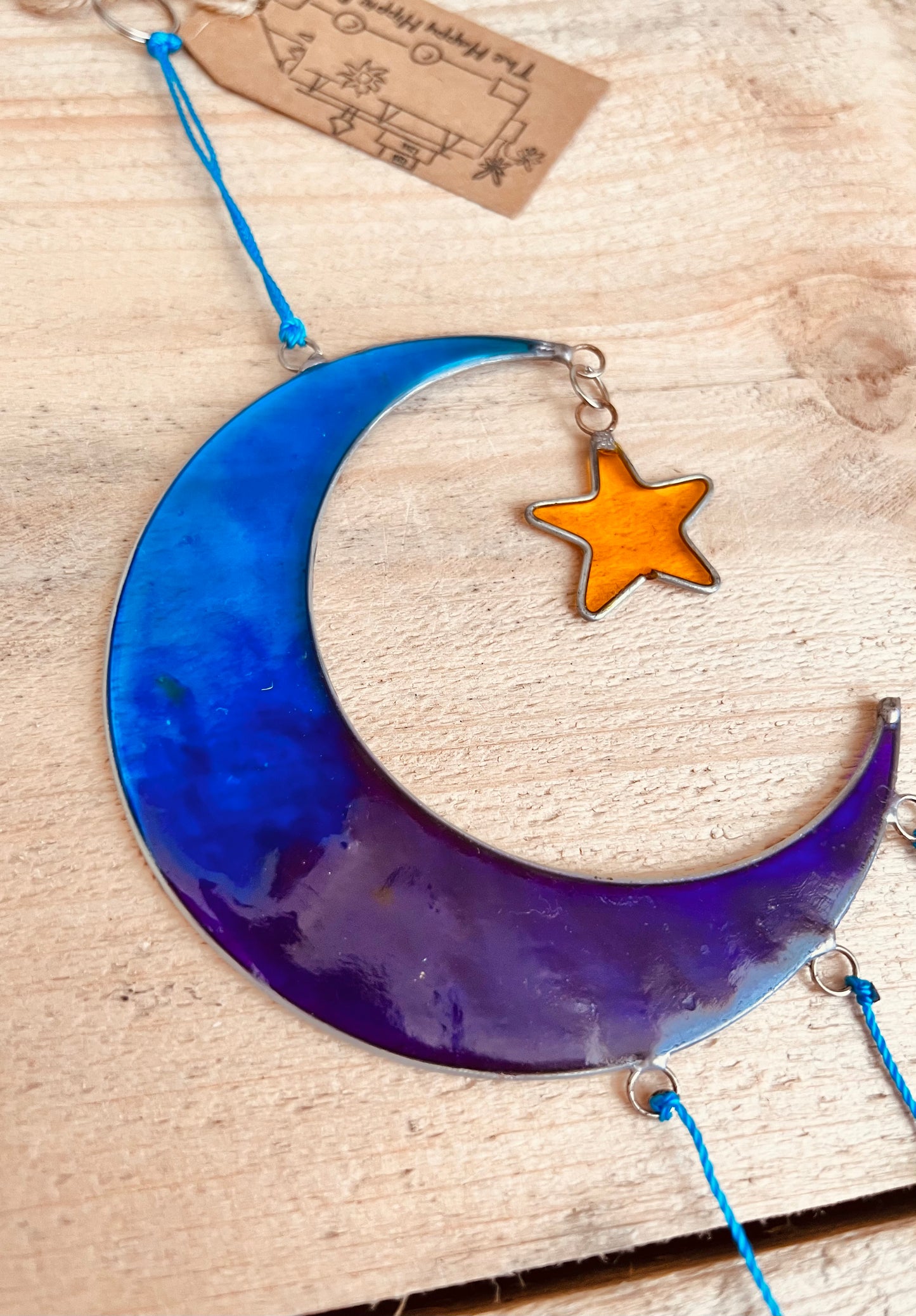 Crescent Moon and star blue sun catcher suncatcher hanging window decoration stained glass colourful hanging decoration handmade fair trade and ethically sourced