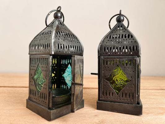 Handmade Fair Trade Small Silver Moroccan Style Lantern T Light Holder With Green & Blue Glass 