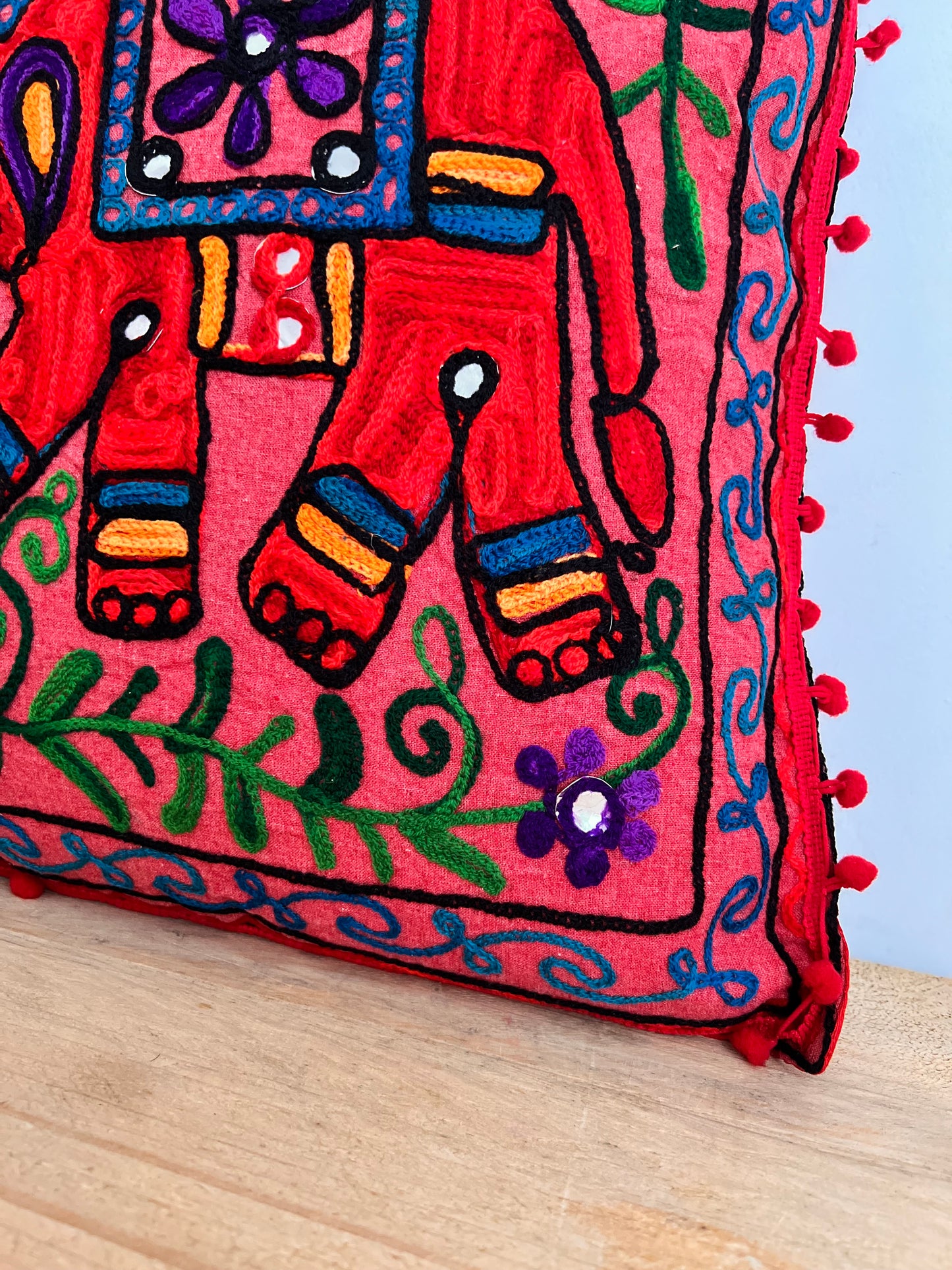 Handmade Embroidered Bohemian Elepahnt Pink Purple Hippie Cushion Cover With Pom Pom Edge Fair Trade Ethically Sourced Handmade