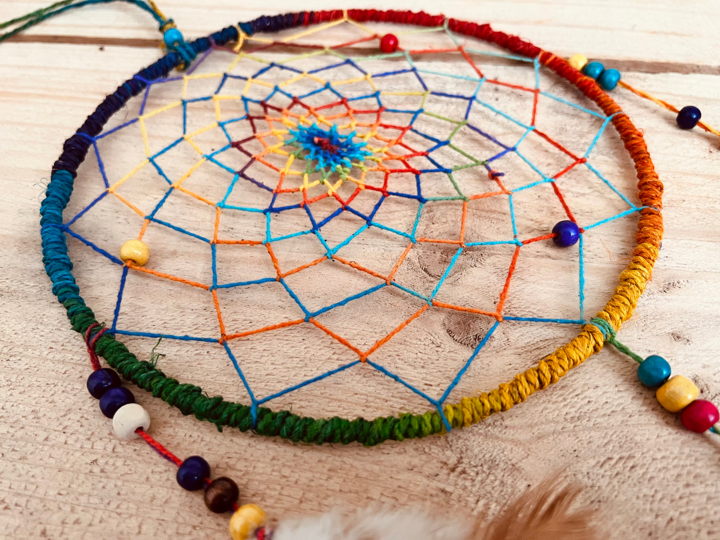 Fair trade colourful large hemp rainbow dream catcher 