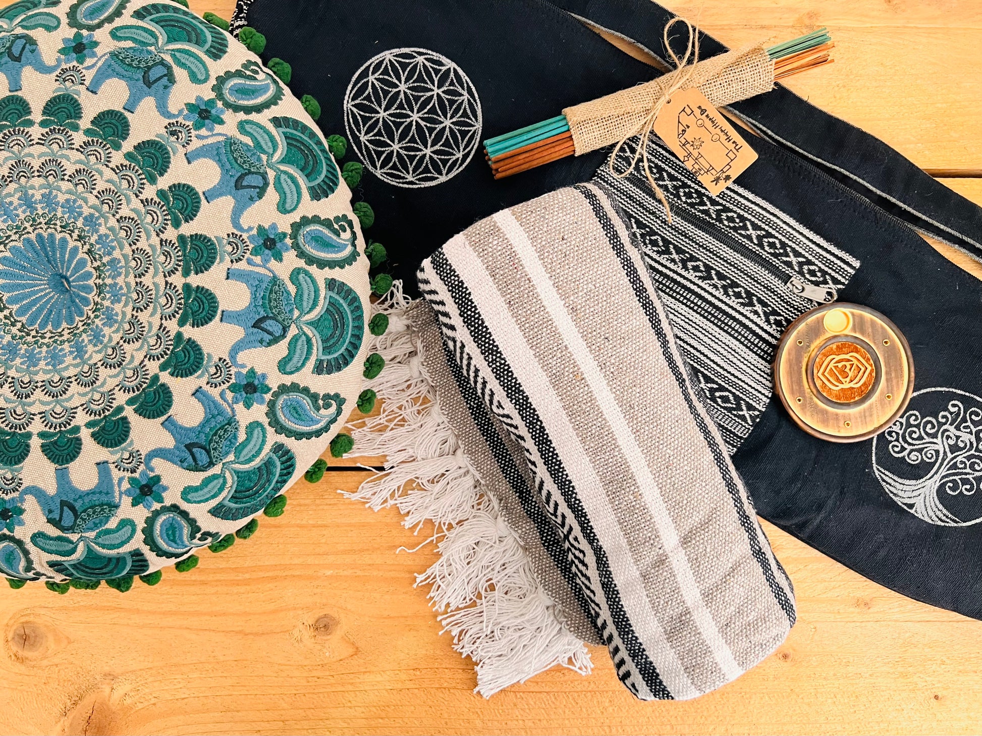 Eco-friendly handmade meditation gift set in black and teal – cushion, throw, and incense for yoga, mindfulness, and self-care