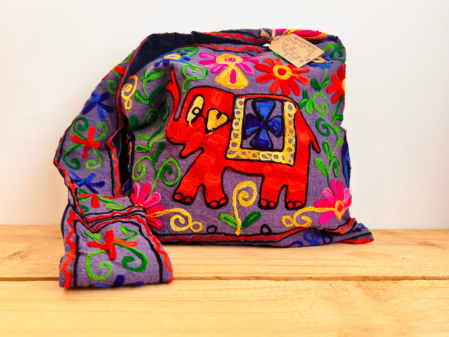 Hand Embroidered Elephant Shoulder Bag Pink & Purple